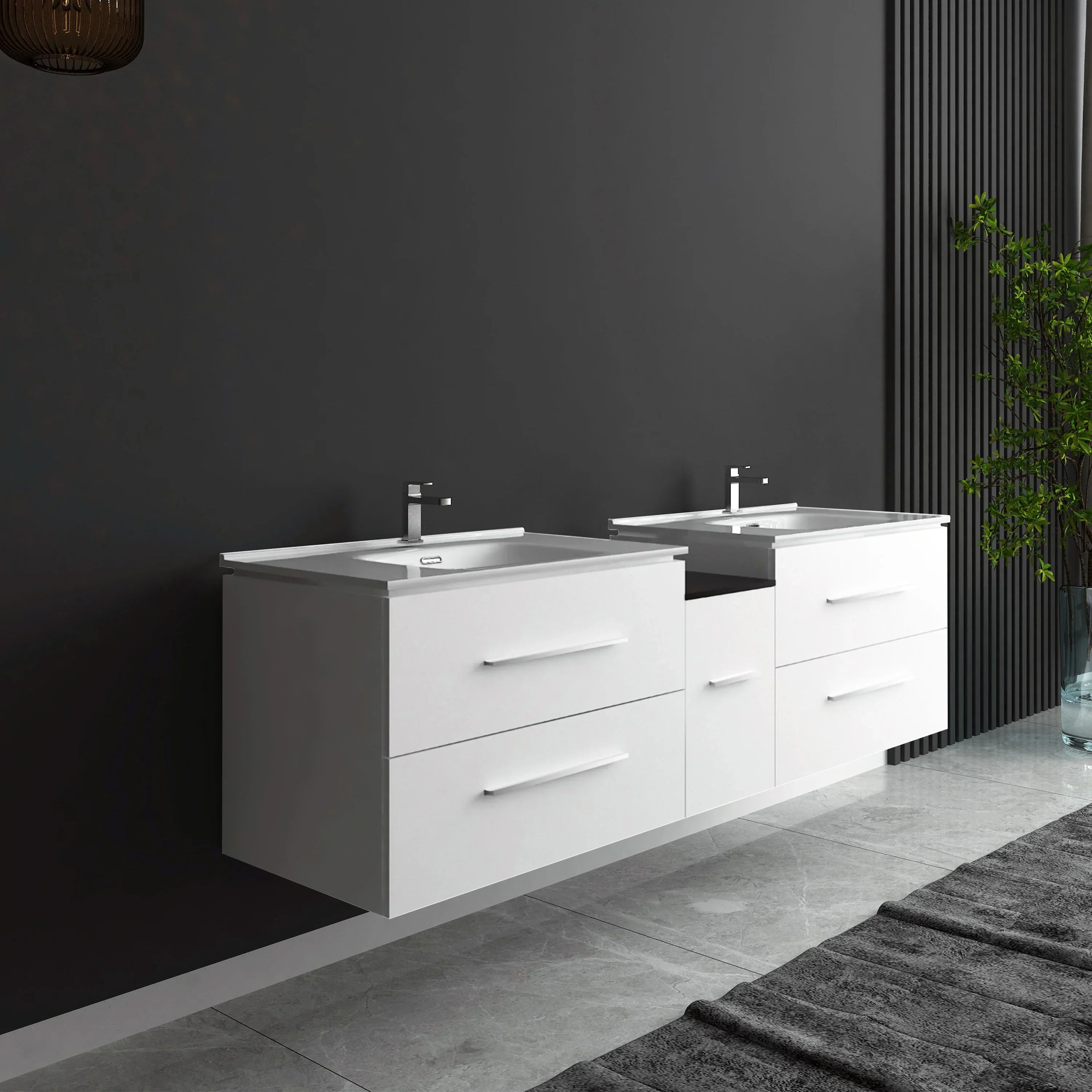 72" Matte White Double Sink Wall Mount Bathroom Vanity with White Ceramic Countertop-Migration_Bathroom Vanities-DECOROLALA
