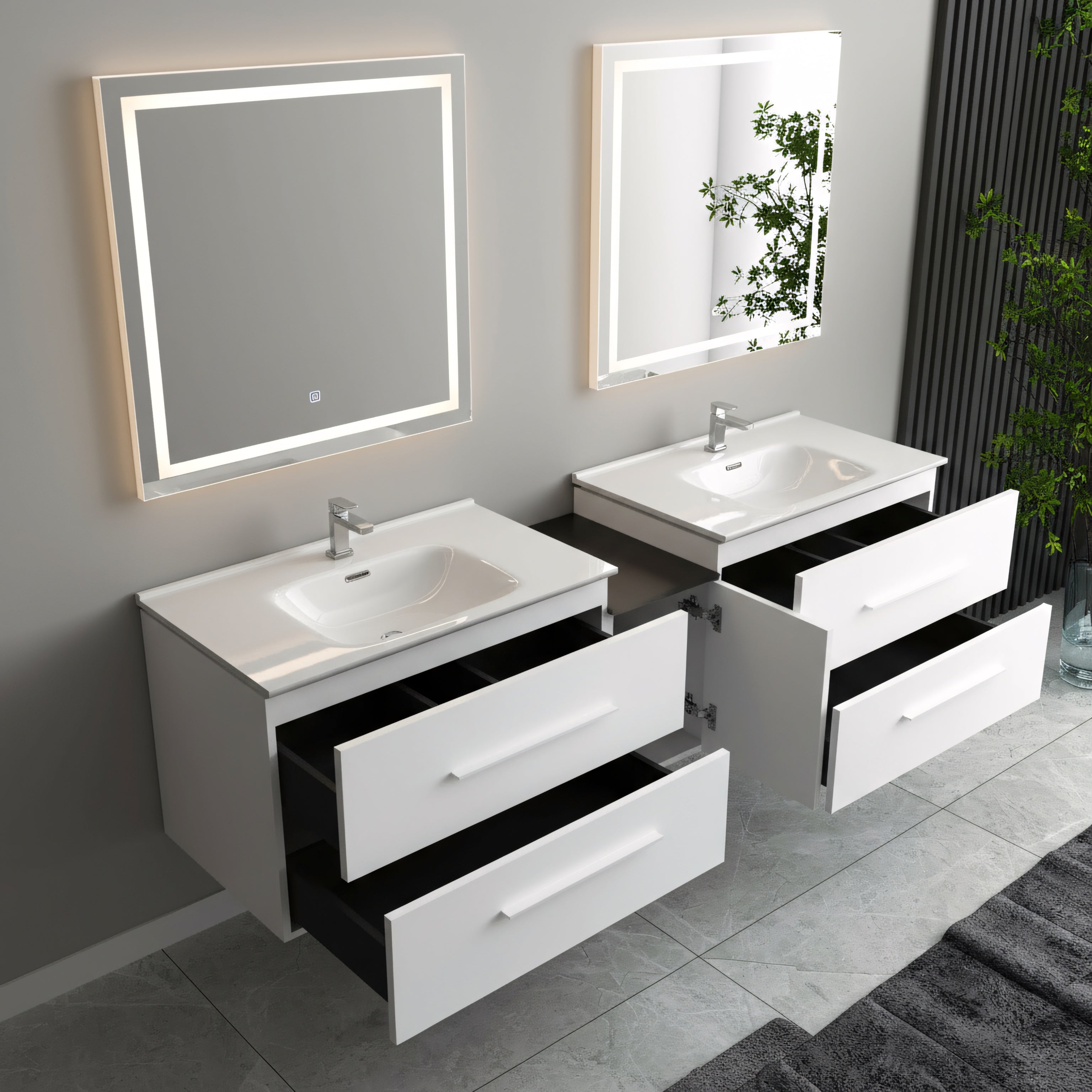72" Matte White Double Sink Wall Mount Bathroom Vanity with White Ceramic Countertop-Migration_Bathroom Vanities-DECOROLALA