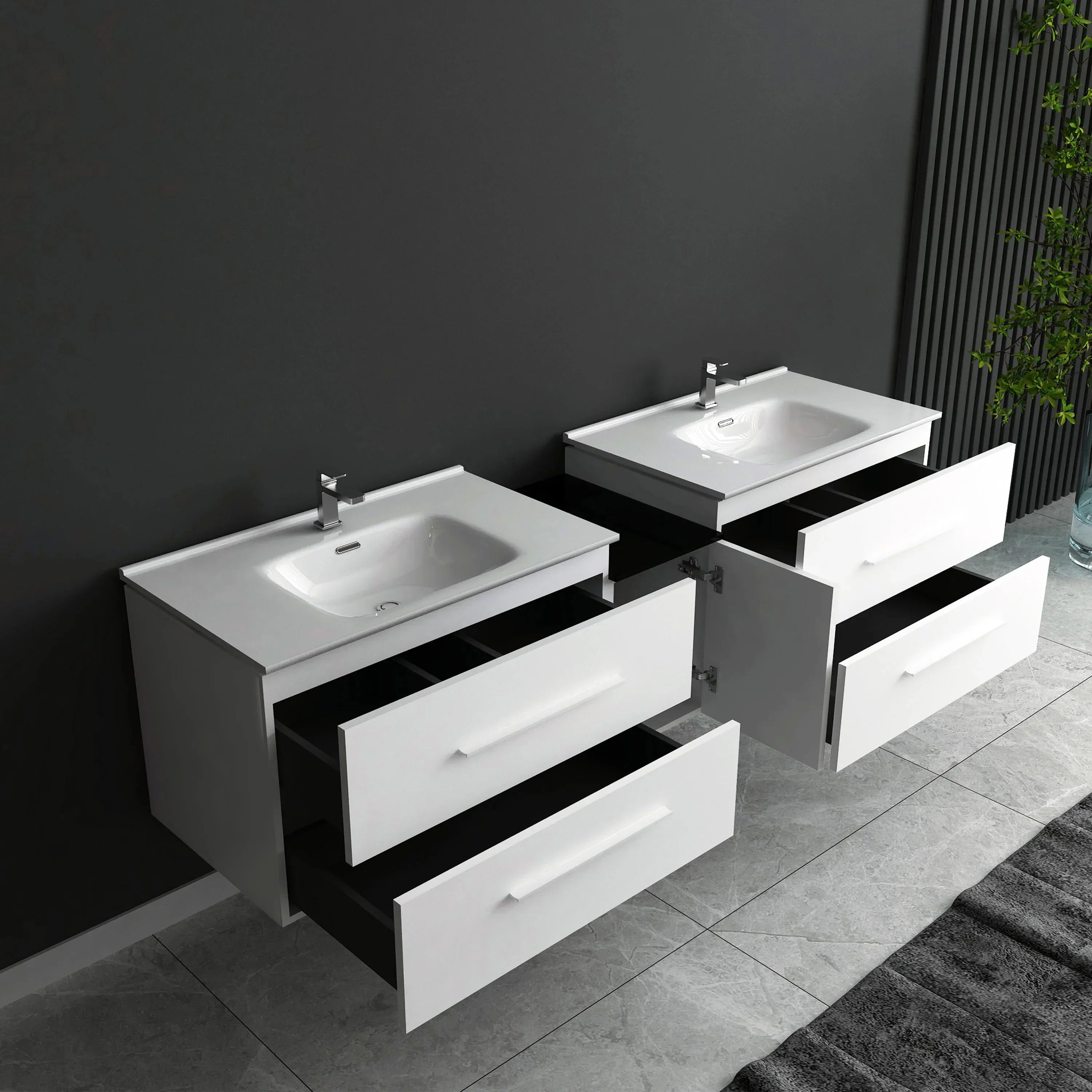 72" Matte White Double Sink Wall Mount Bathroom Vanity with White Ceramic Countertop-Migration_Bathroom Vanities-DECOROLALA