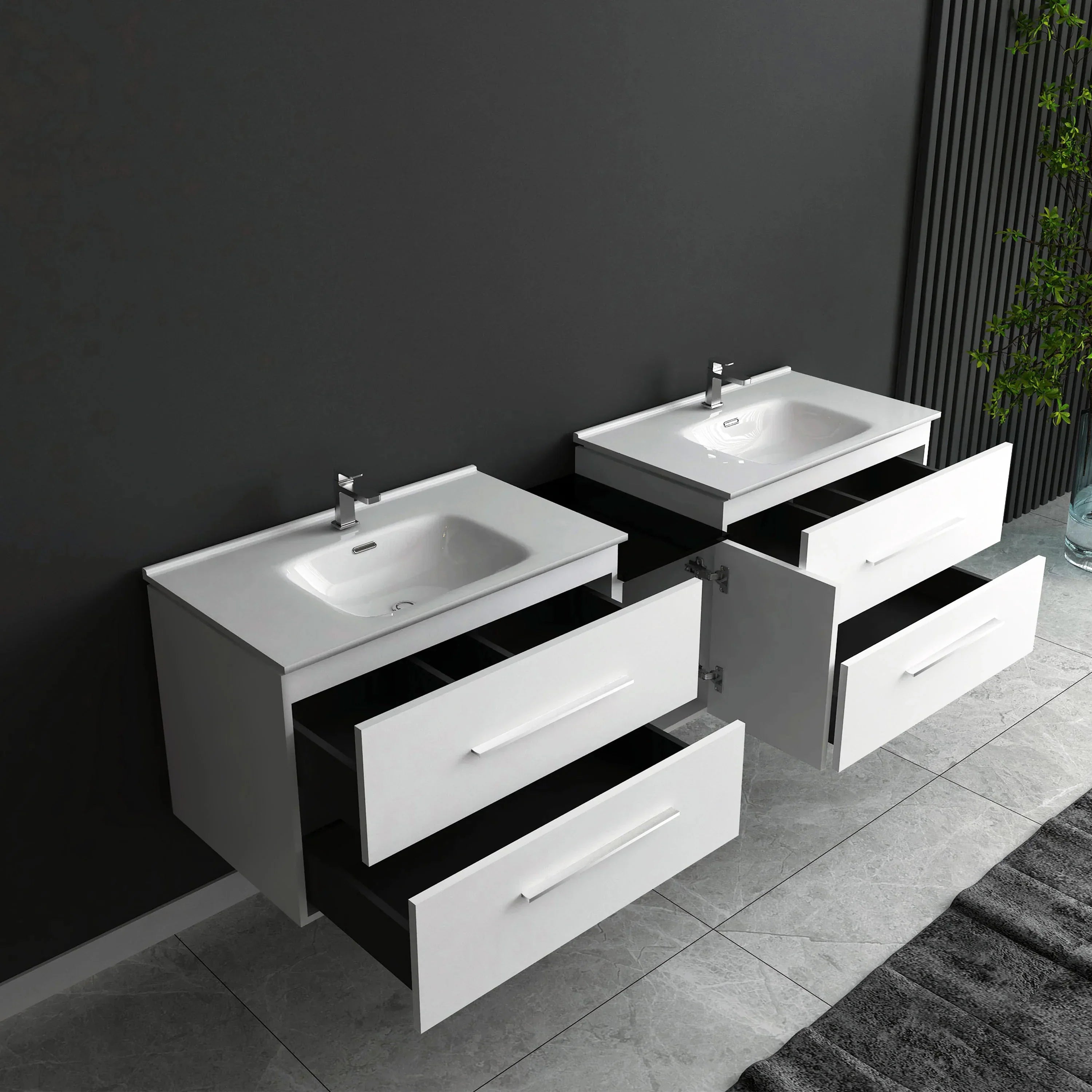 72" Matte White Double Sink Wall Mount Bathroom Vanity with White Ceramic Countertop-Migration_Bathroom Vanities-DECOROLALA