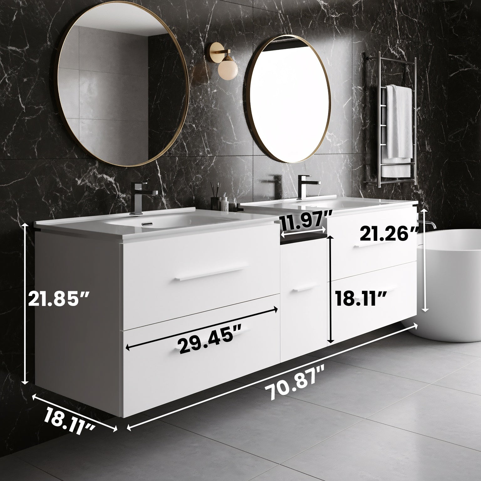 72" Matte White Double Sink Wall Mount Bathroom Vanity with White Ceramic Countertop-Migration_Bathroom Vanities-DECOROLALA