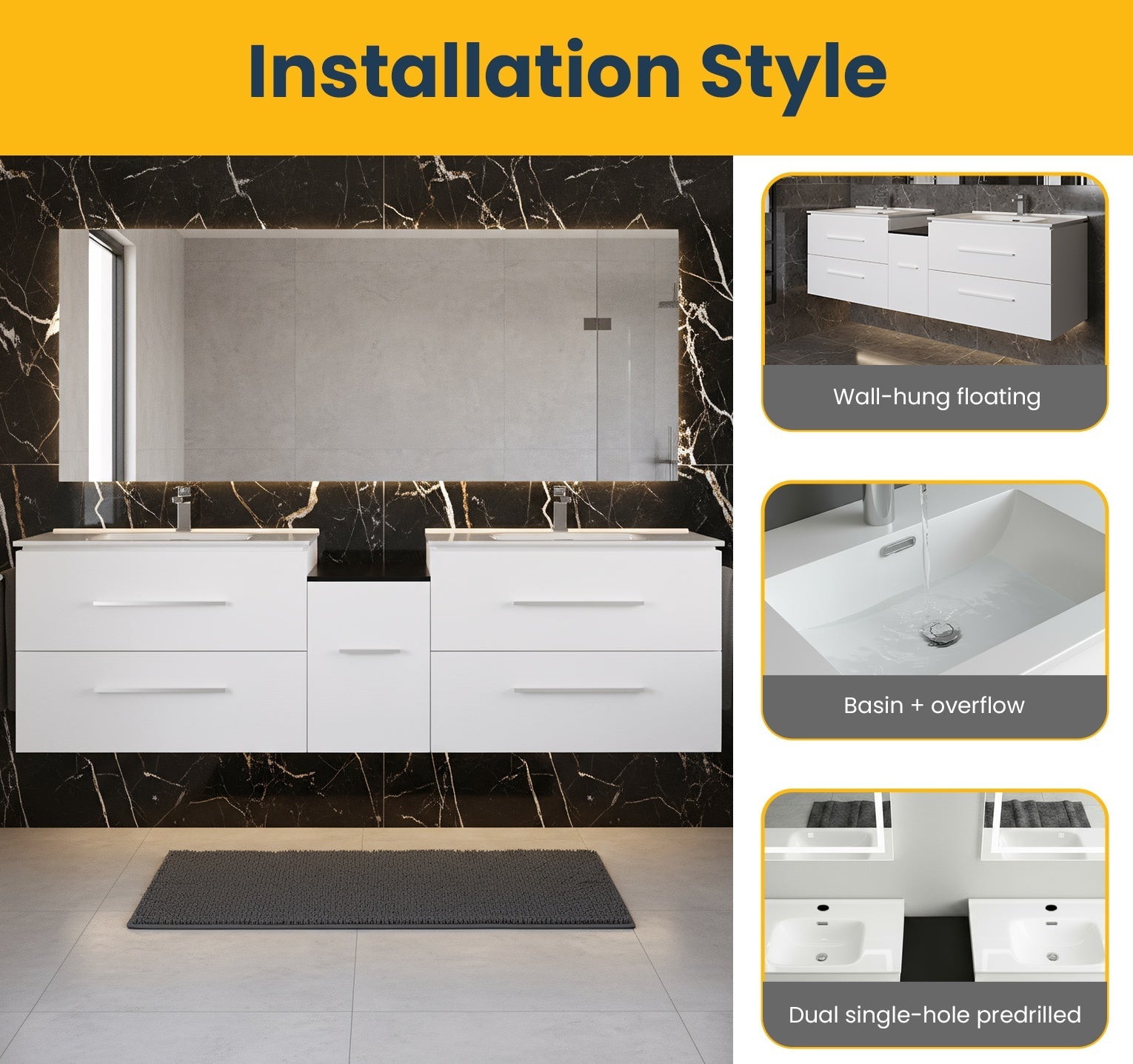 72" Matte White Double Sink Wall Mount Bathroom Vanity with White Ceramic Countertop-Migration_Bathroom Vanities-DECOROLALA