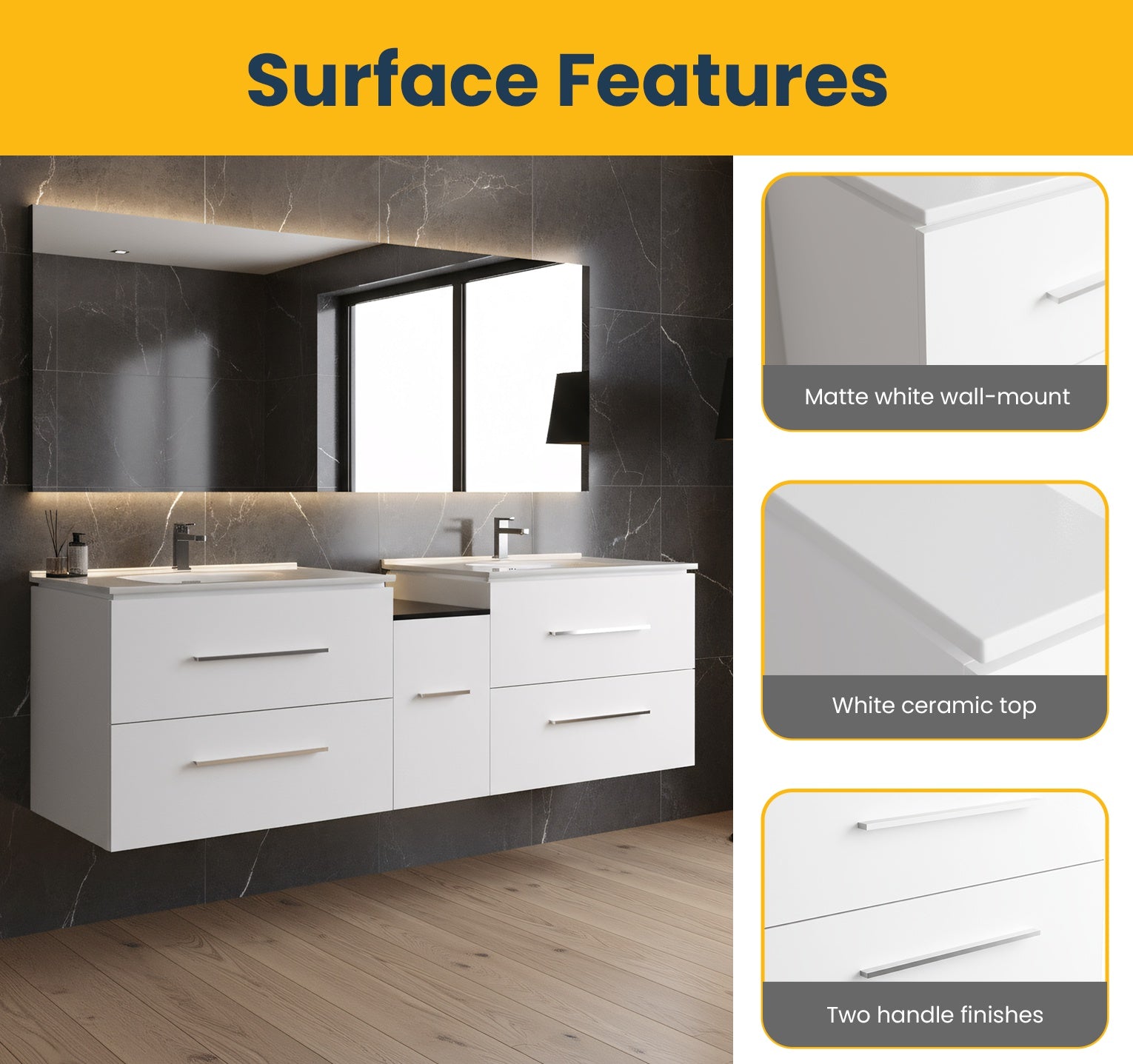 72" Matte White Double Sink Wall Mount Bathroom Vanity with White Ceramic Countertop-Migration_Bathroom Vanities-DECOROLALA