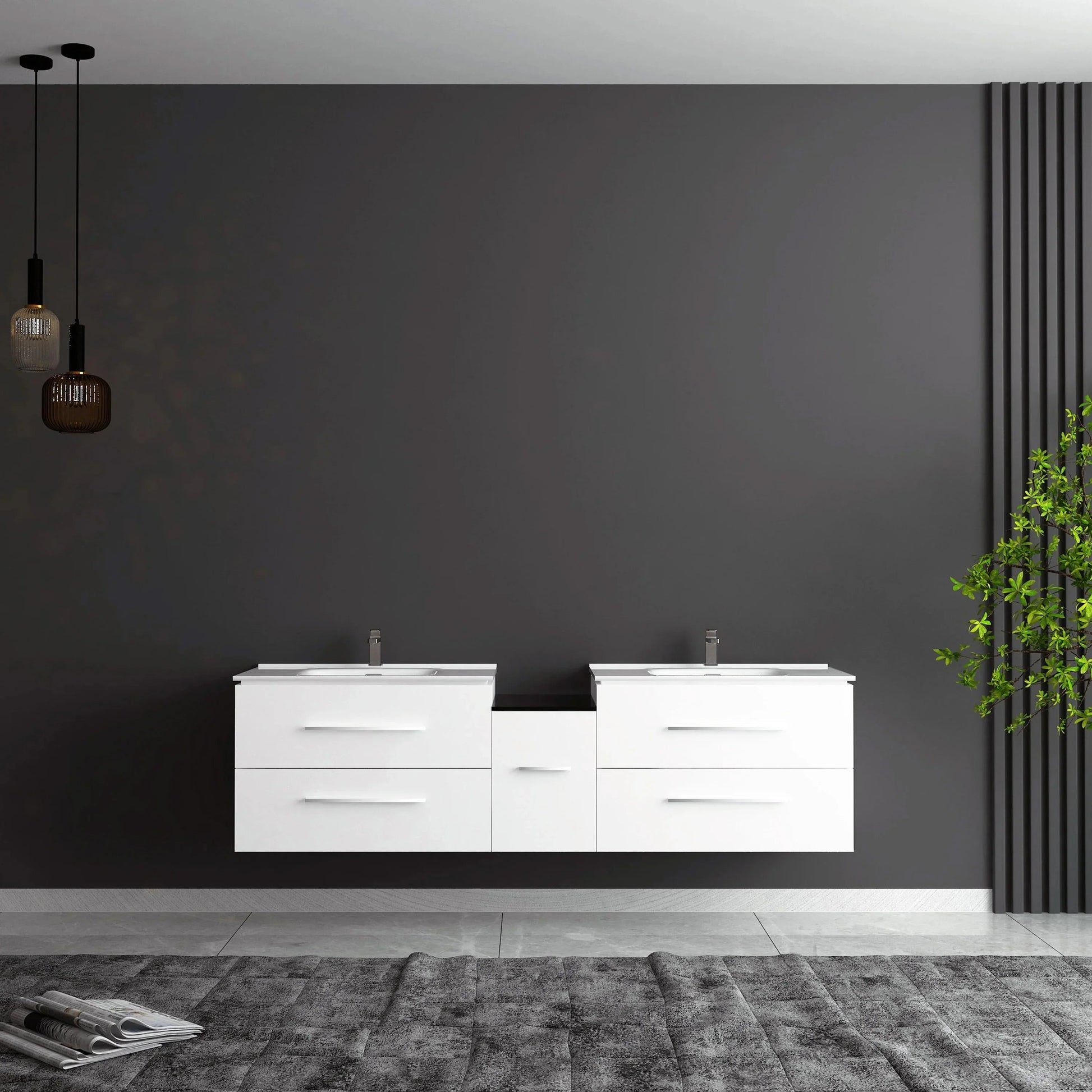 72" Matte White Double Sink Wall Mount Bathroom Vanity with White Ceramic Countertop-Migration_Bathroom Vanities-DECOROLALA