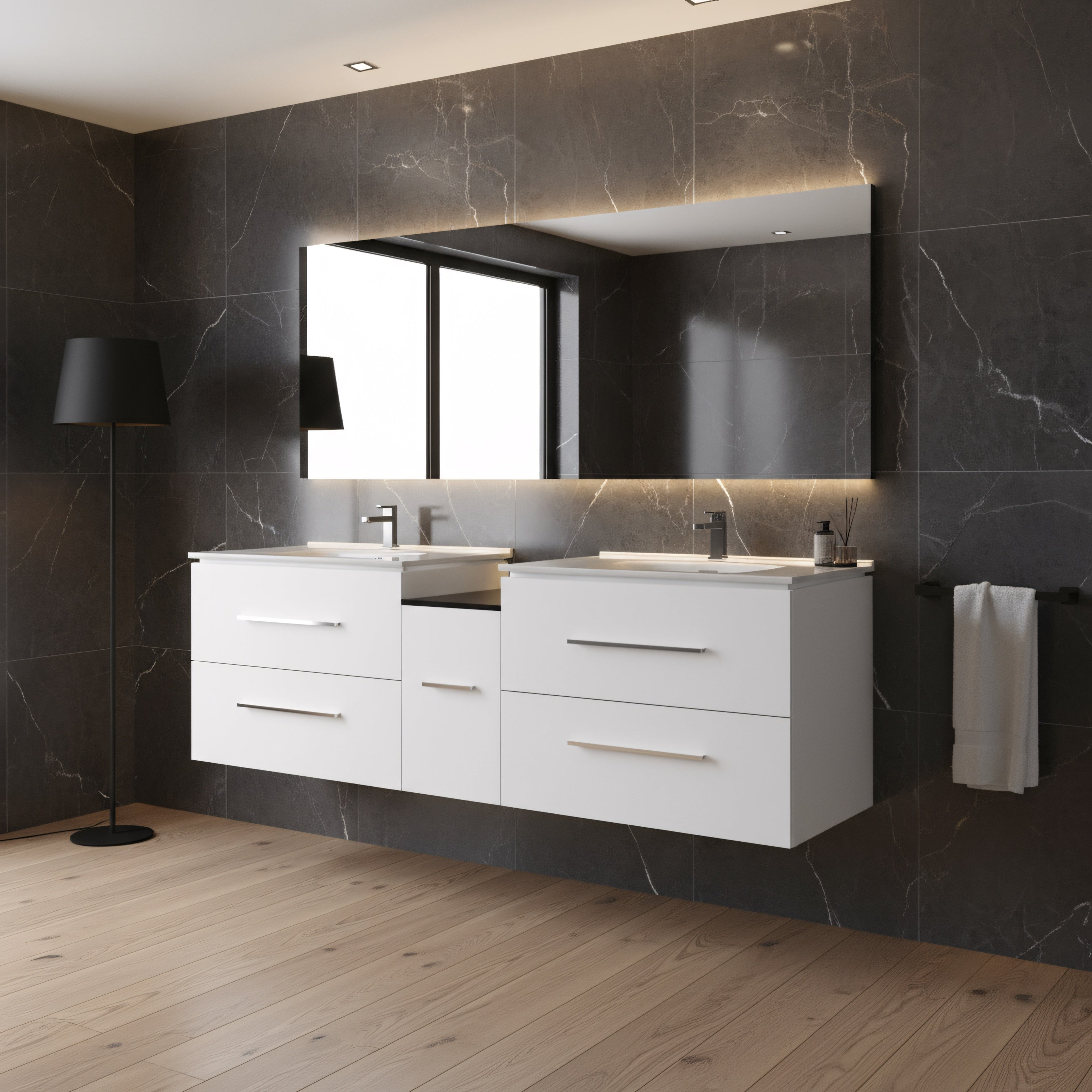 72" Matte White Double Sink Wall Mount Bathroom Vanity with White Ceramic Countertop-Migration_Bathroom Vanities-DECOROLALA