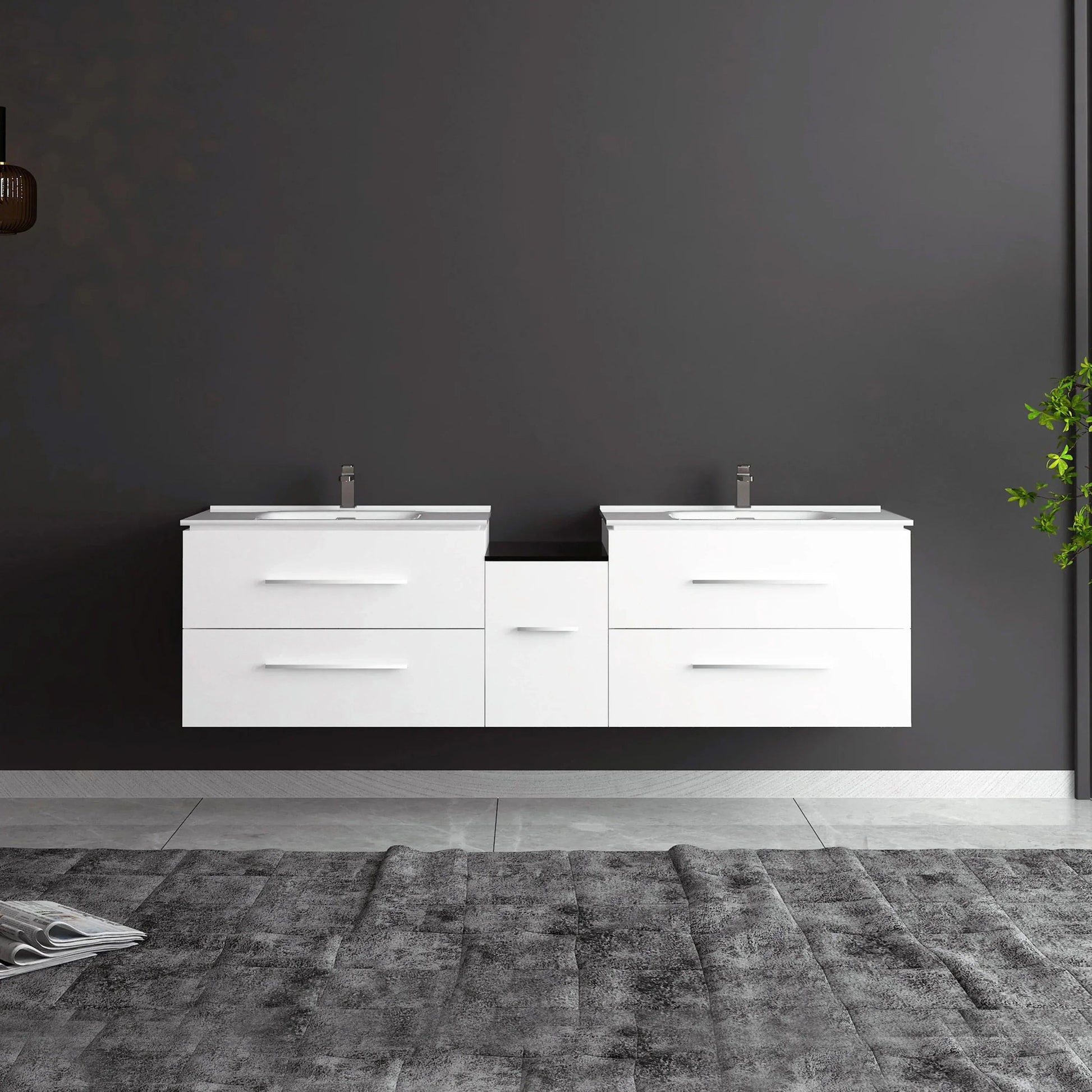 72" Matte White Double Sink Wall Mount Bathroom Vanity with White Ceramic Countertop-Migration_Bathroom Vanities-DECOROLALA