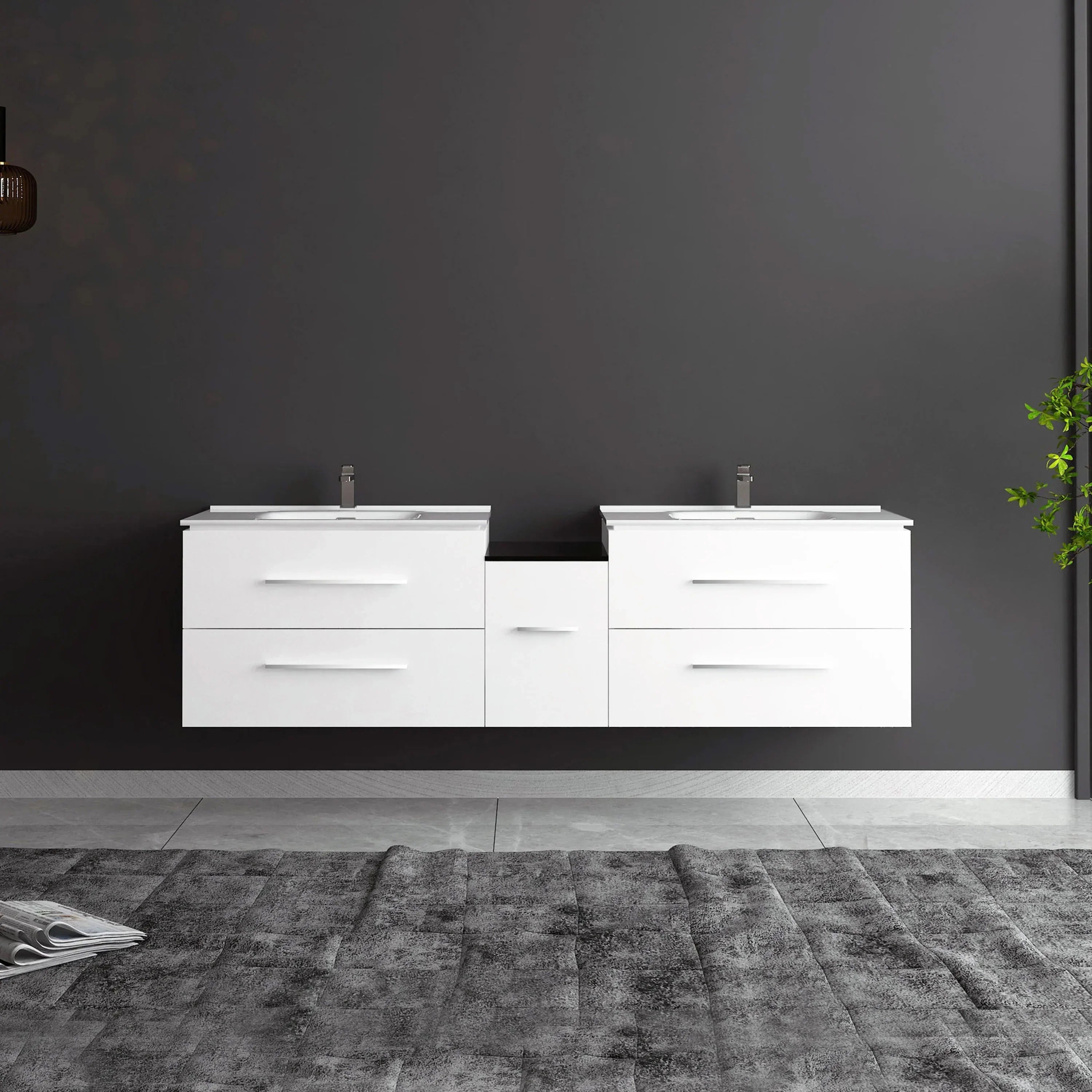 72" Matte White Double Sink Wall Mount Bathroom Vanity with White Ceramic Countertop-Migration_Bathroom Vanities-DECOROLALA