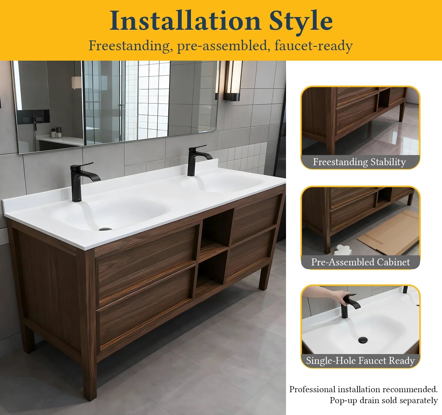 72" Natural Walnut Freestanding Double Sink Bathroom Vanity with White Solid Surface Countertop-Migration_Bathroom Vanities-DECOROLALA