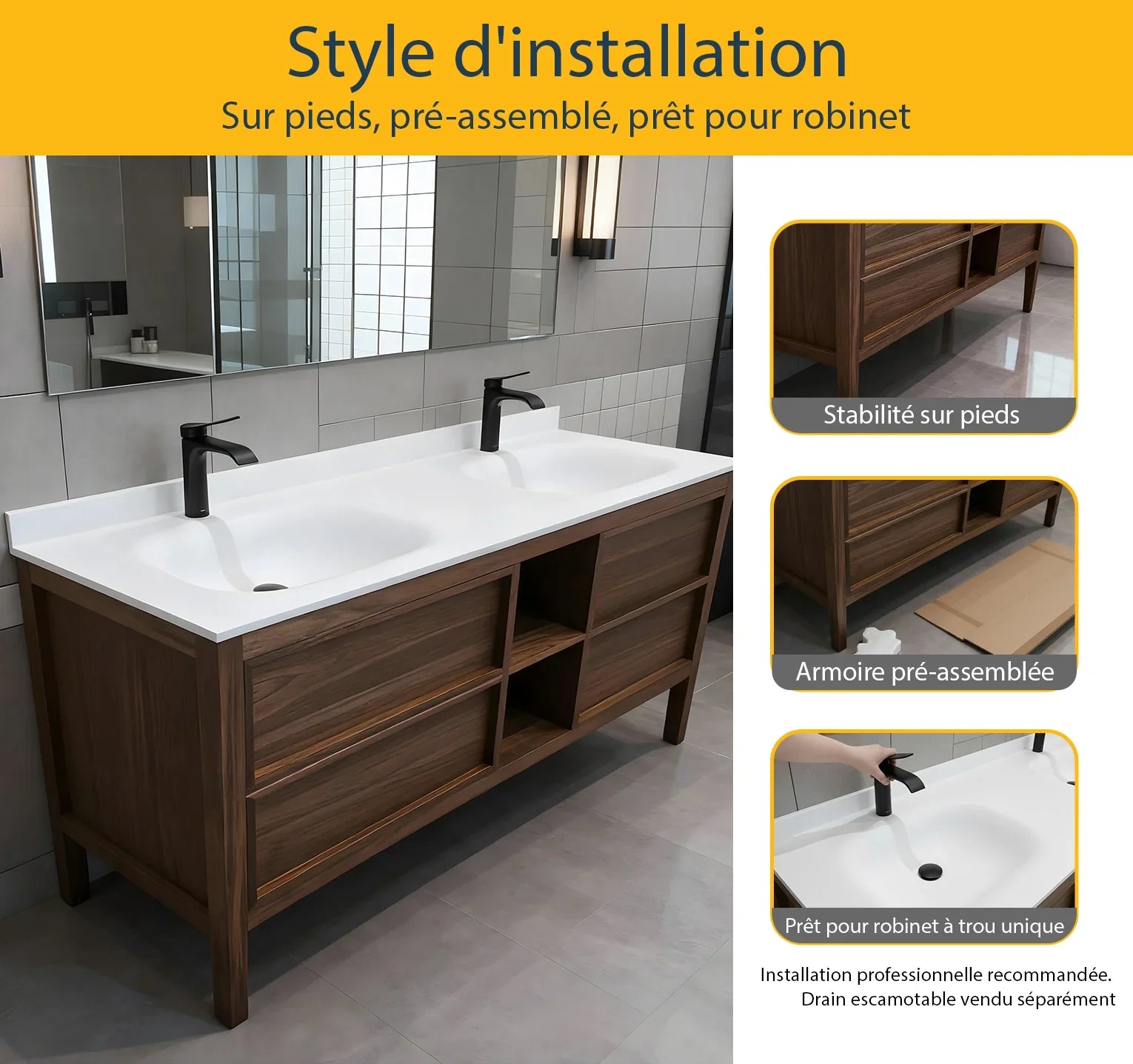 72" Natural Walnut Freestanding Double Sink Bathroom Vanity with White Solid Surface Countertop-Migration_Bathroom Vanities-DECOROLALA