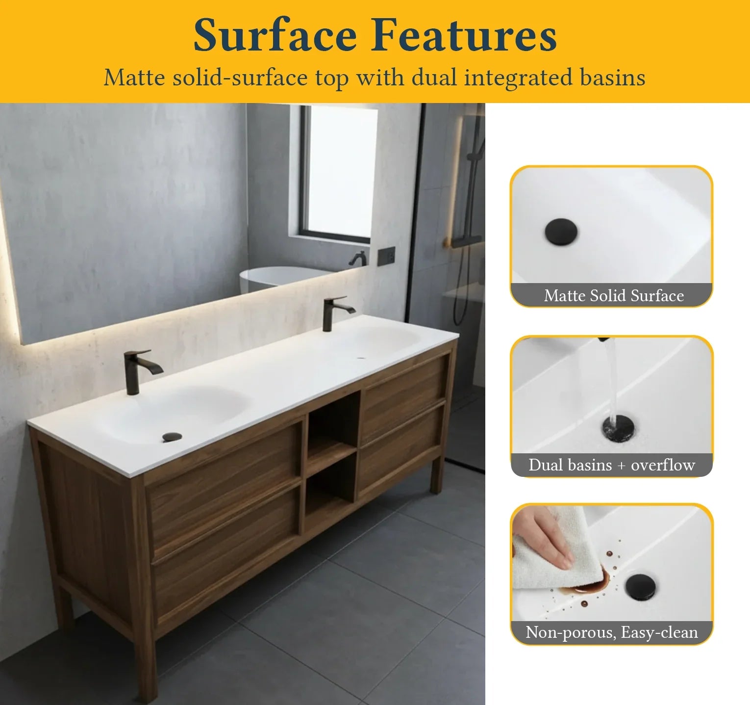 72" Natural Walnut Freestanding Double Sink Bathroom Vanity with White Solid Surface Countertop-Migration_Bathroom Vanities-DECOROLALA