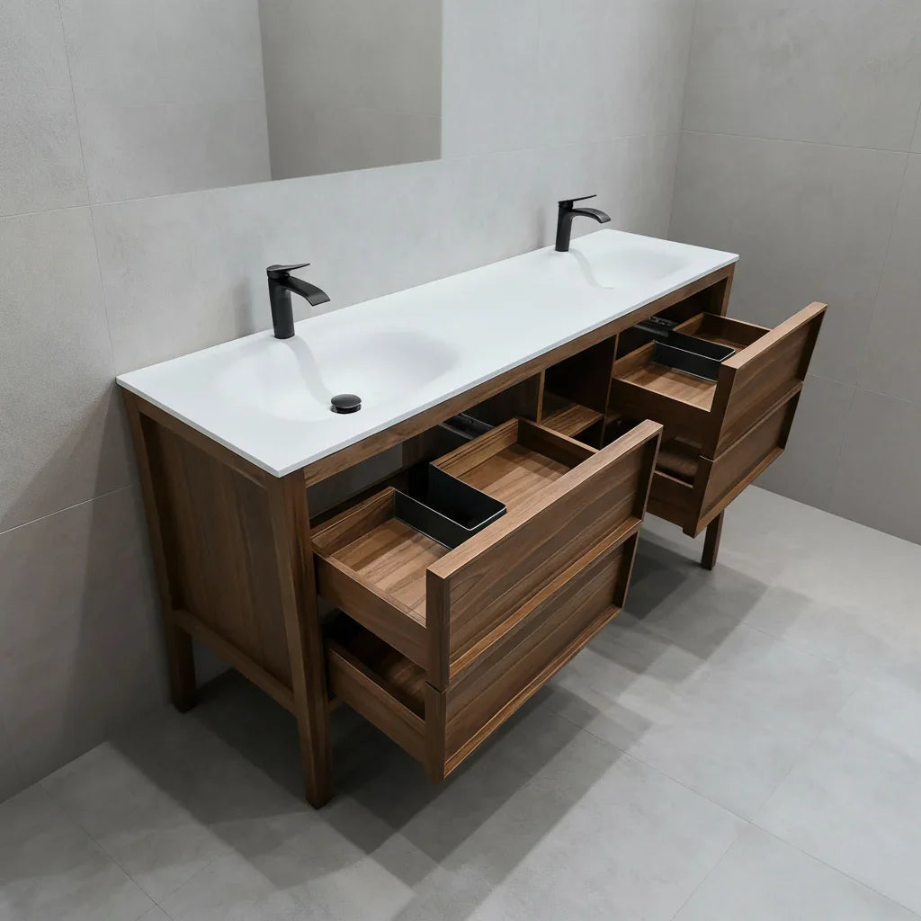 72" Natural Walnut Freestanding Double Sink Bathroom Vanity with White Solid Surface Countertop-Migration_Bathroom Vanities-DECOROLALA