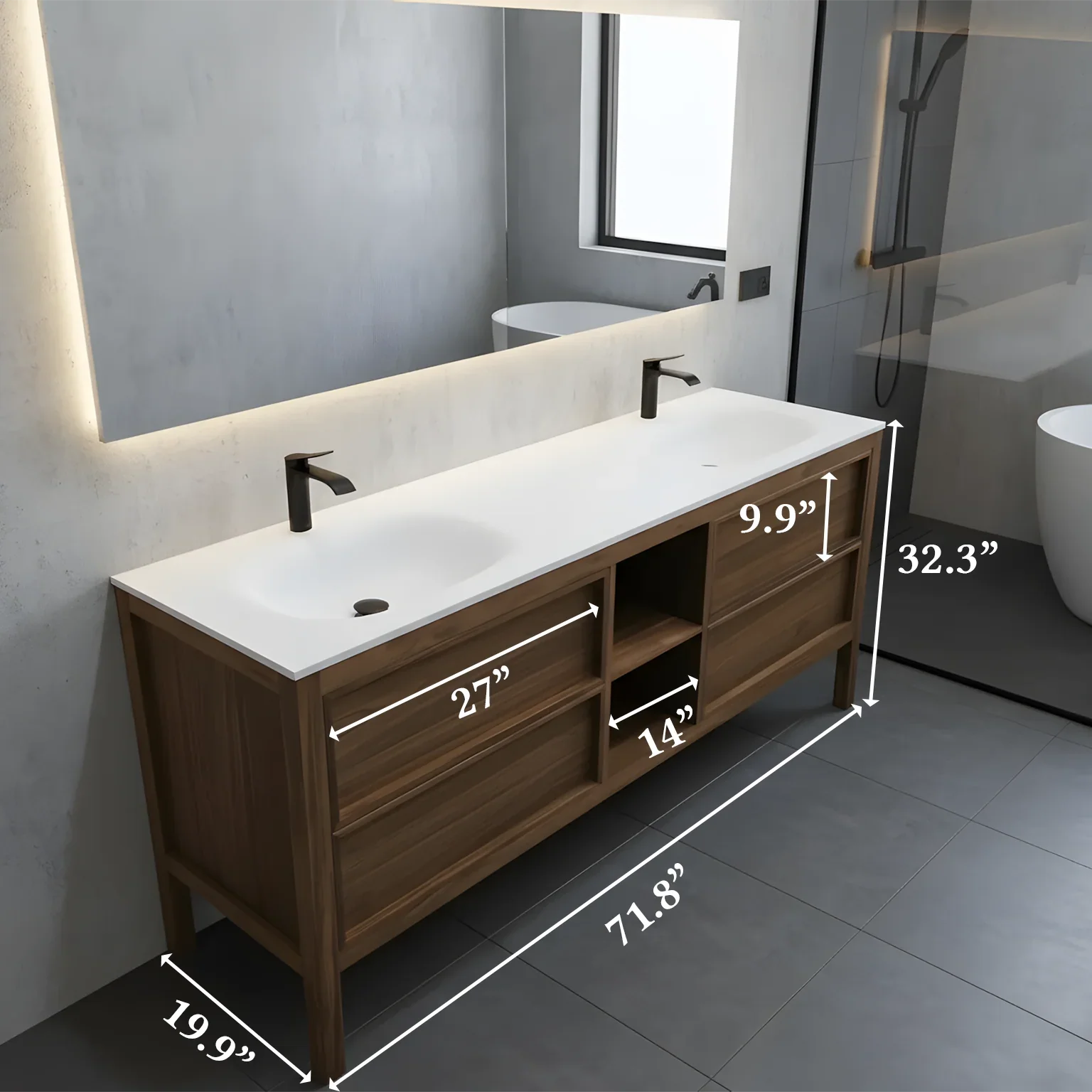 72" Natural Walnut Freestanding Double Sink Bathroom Vanity with White Solid Surface Countertop-Migration_Bathroom Vanities-DECOROLALA
