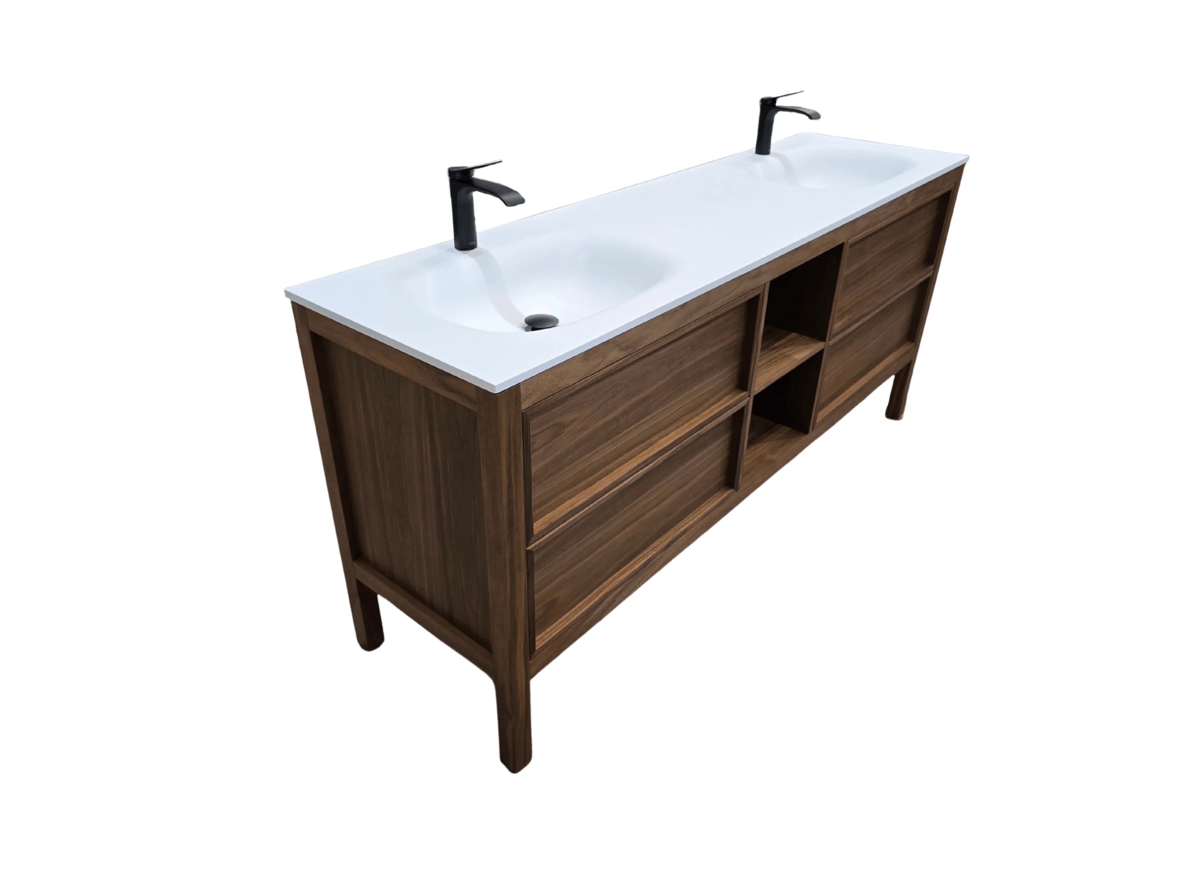 72" Natural Walnut Freestanding Double Sink Bathroom Vanity with White Solid Surface Countertop-Migration_Bathroom Vanities-DECOROLALA