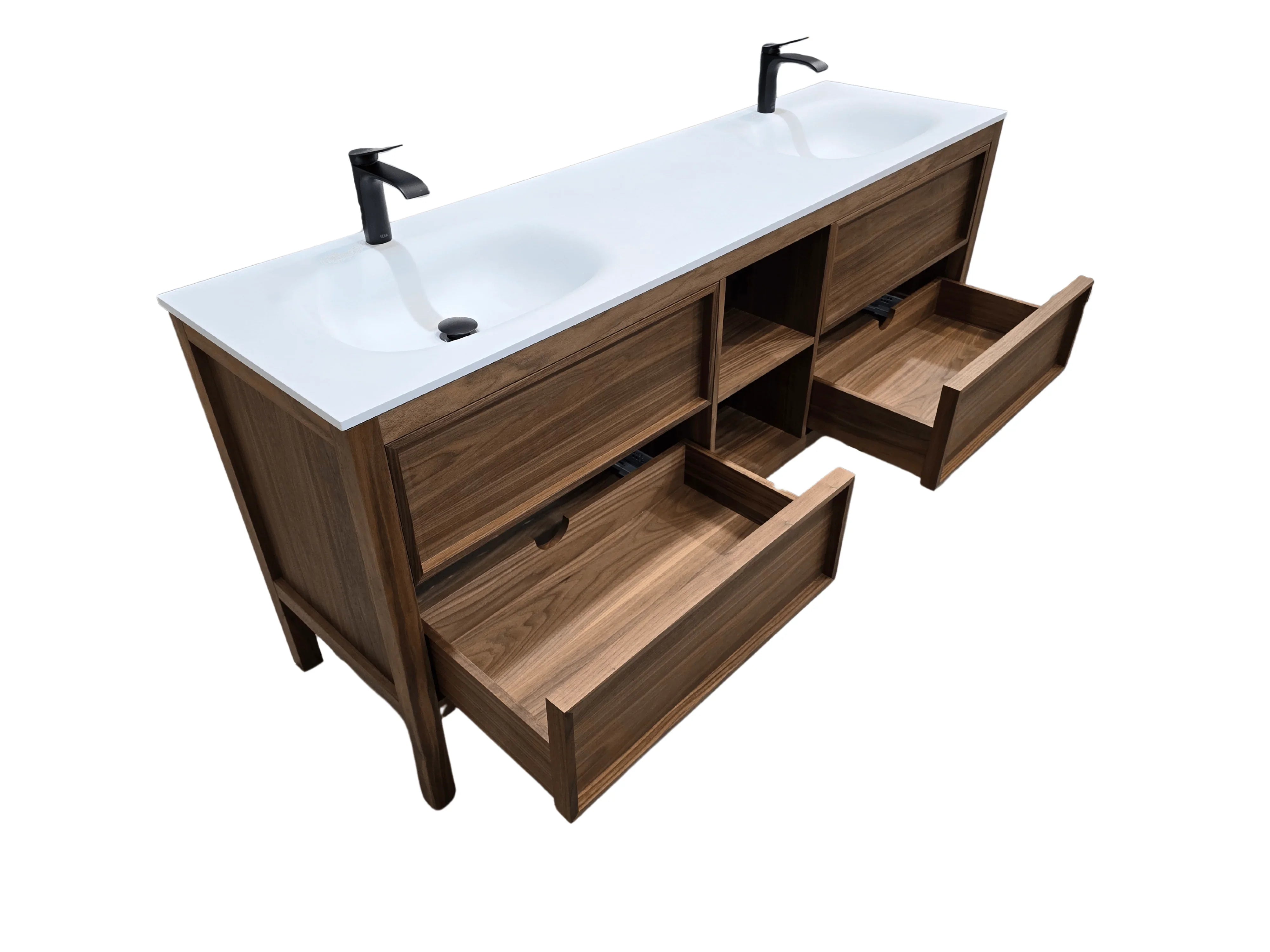 72" Natural Walnut Freestanding Double Sink Bathroom Vanity with White Solid Surface Countertop-Migration_Bathroom Vanities-DECOROLALA