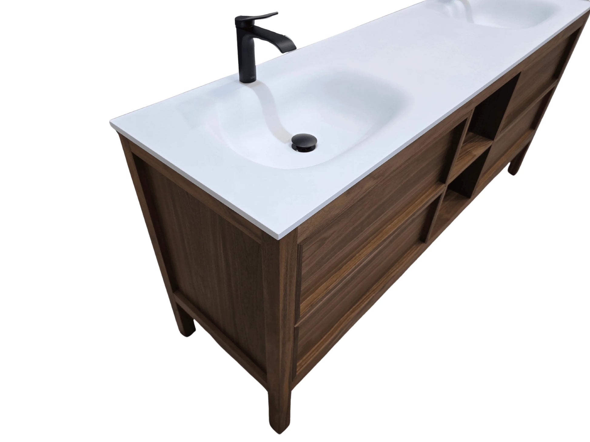 72" Natural Walnut Freestanding Double Sink Bathroom Vanity with White Solid Surface Countertop-Migration_Bathroom Vanities-DECOROLALA