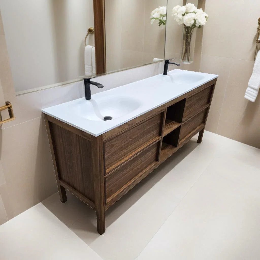 72" Natural Walnut Freestanding Double Sink Bathroom Vanity with White Solid Surface Countertop-Migration_Bathroom Vanities-DECOROLALA