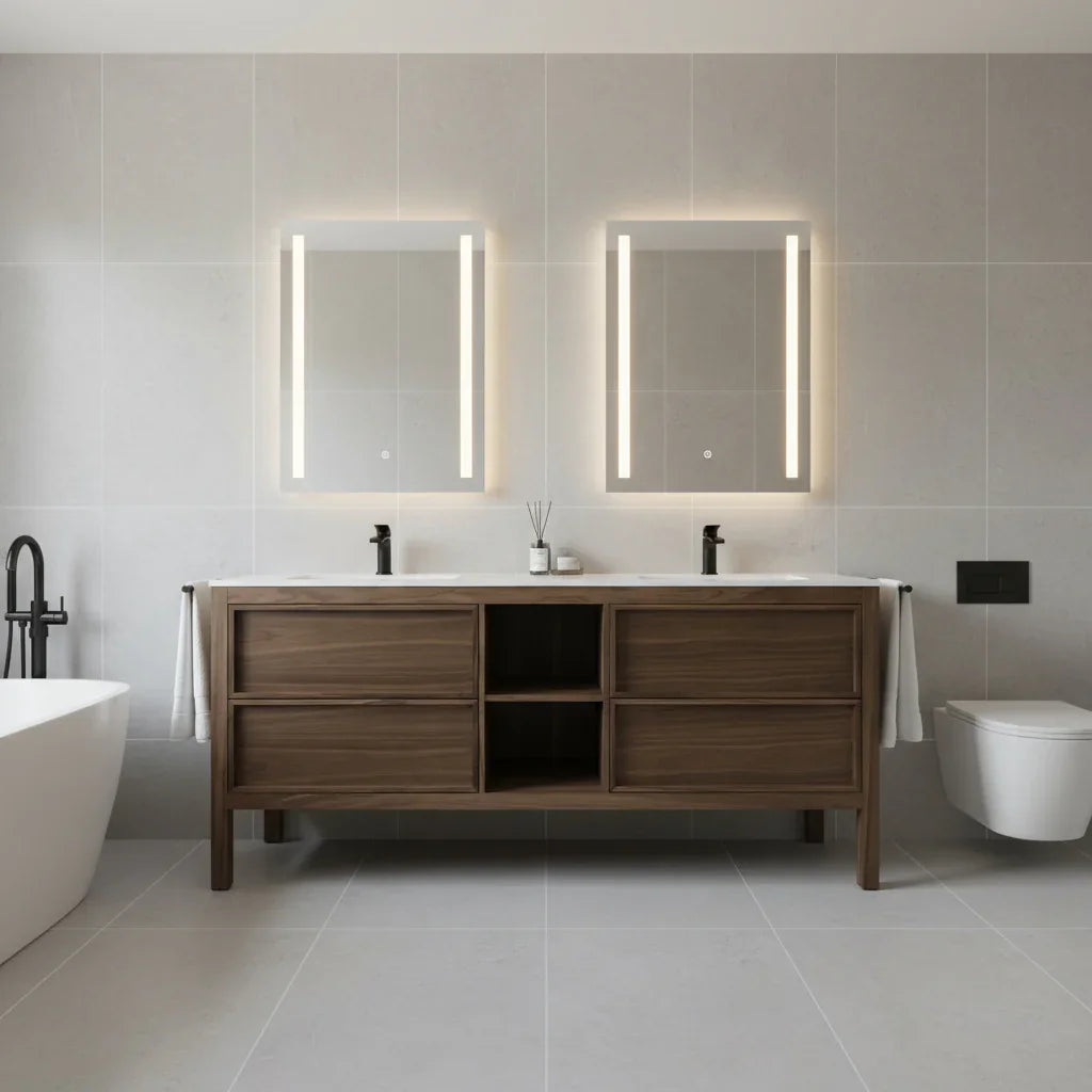 72" Natural Walnut Freestanding Double Sink Bathroom Vanity with White Solid Surface Countertop-Migration_Bathroom Vanities-DECOROLALA