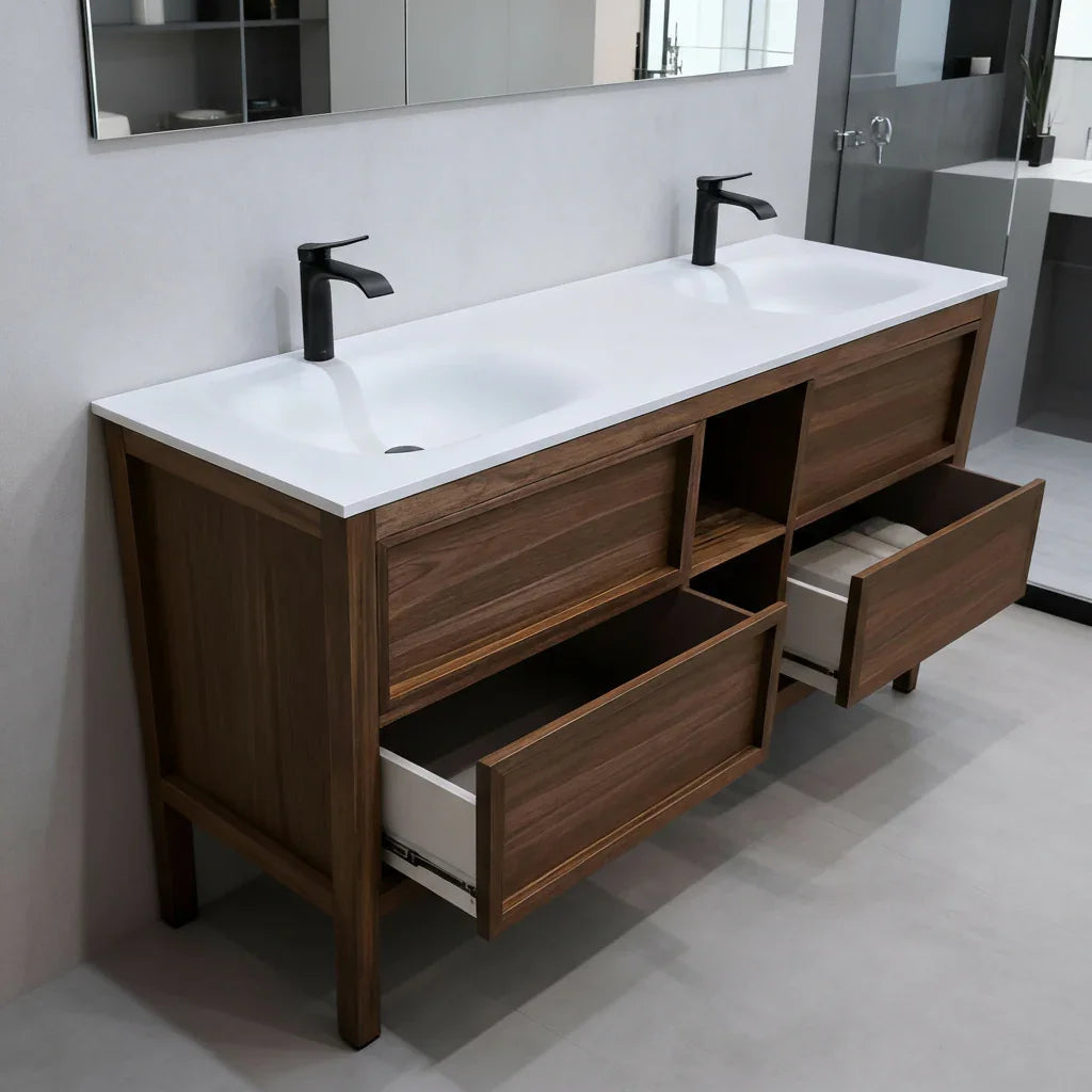72" Natural Walnut Freestanding Double Sink Bathroom Vanity with White Solid Surface Countertop-Migration_Bathroom Vanities-DECOROLALA