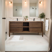 72" Natural Walnut Freestanding Double Sink Bathroom Vanity with White Solid Surface Countertop-Migration_Bathroom Vanities-DECOROLALA