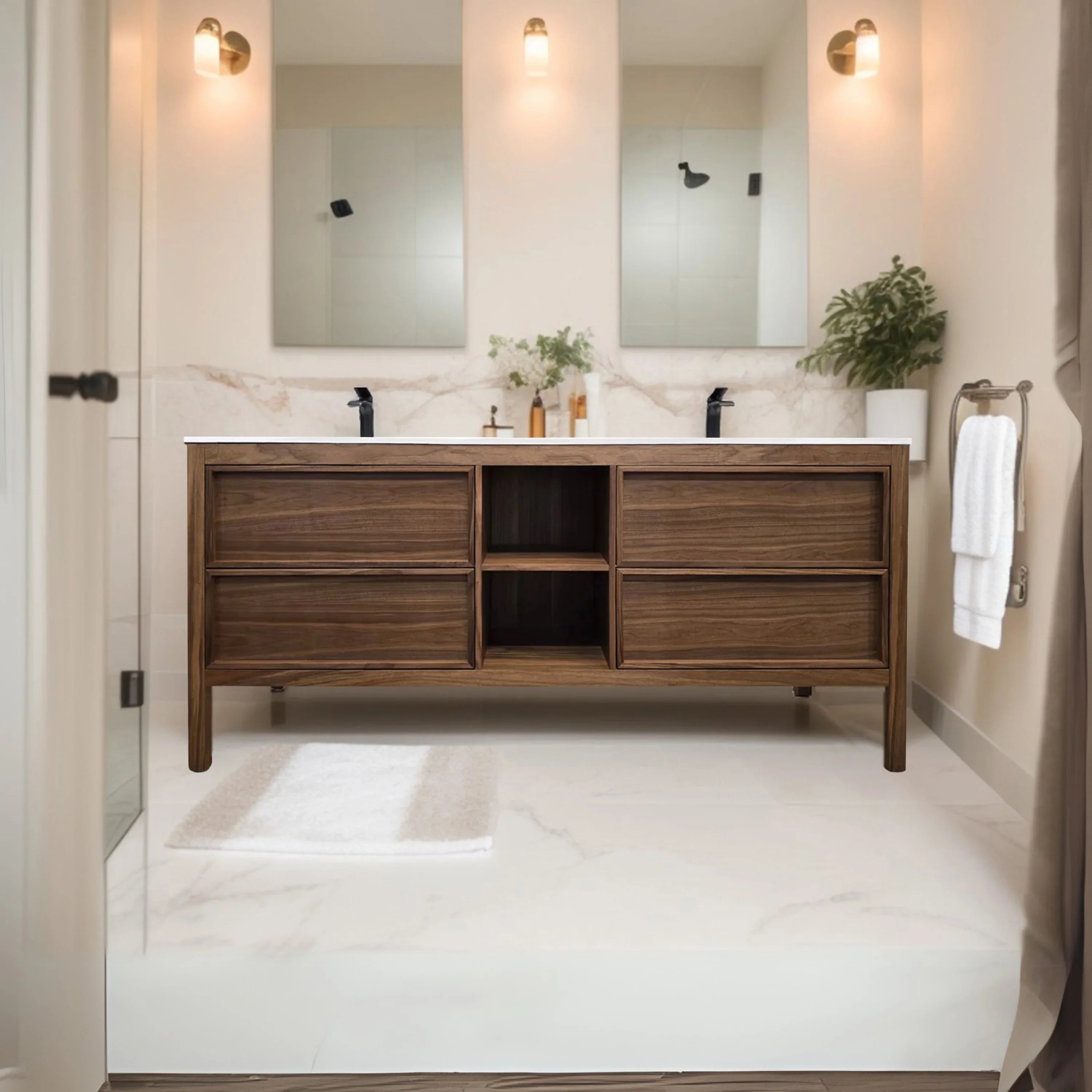 72" Natural Walnut Freestanding Double Sink Bathroom Vanity with White Solid Surface Countertop-Migration_Bathroom Vanities-DECOROLALA