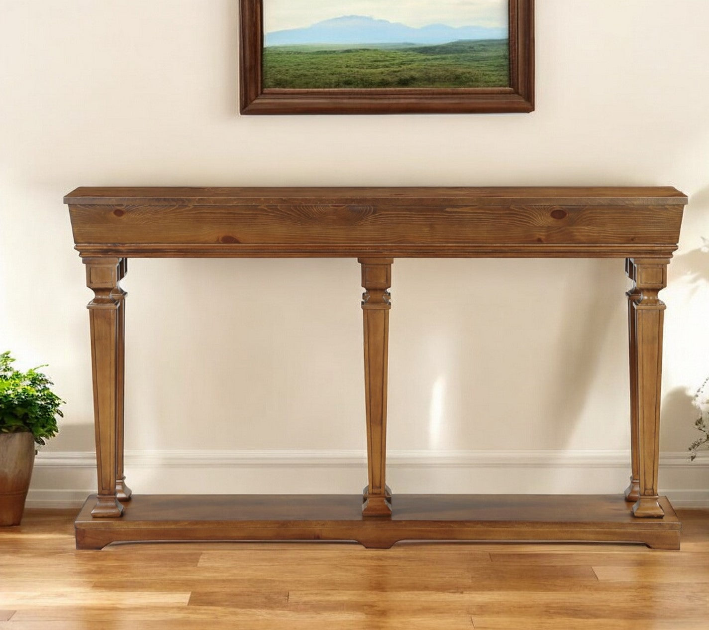 72" Oak Solid and Manufactured Wood Floor Shelf Console Table With Shelves-Console Tables-DECOROLALA