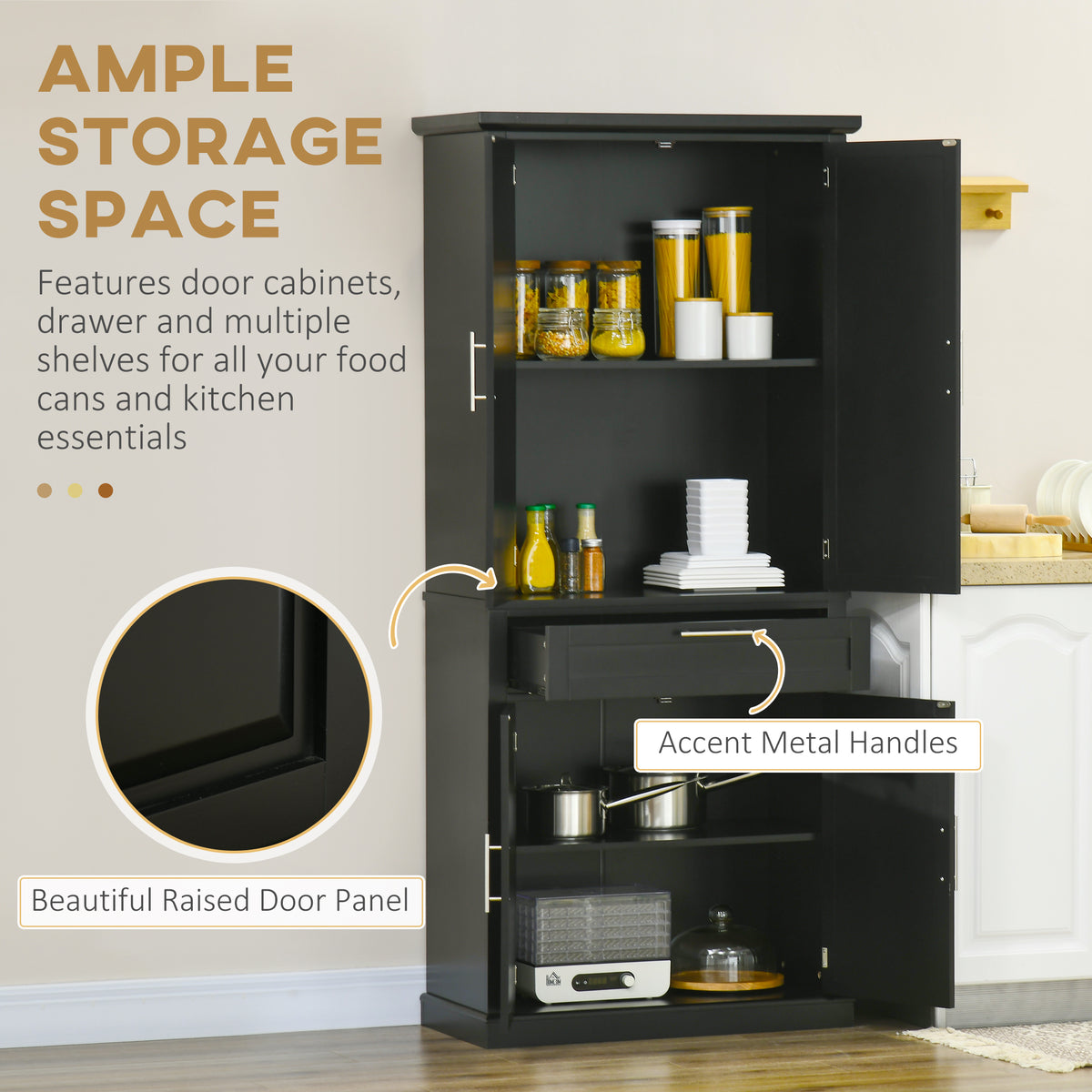 72" Pantry Cabinet - 4-Door, Black Storage with Adjustable Shelves-Pantry Cabinets-DECOROLALA