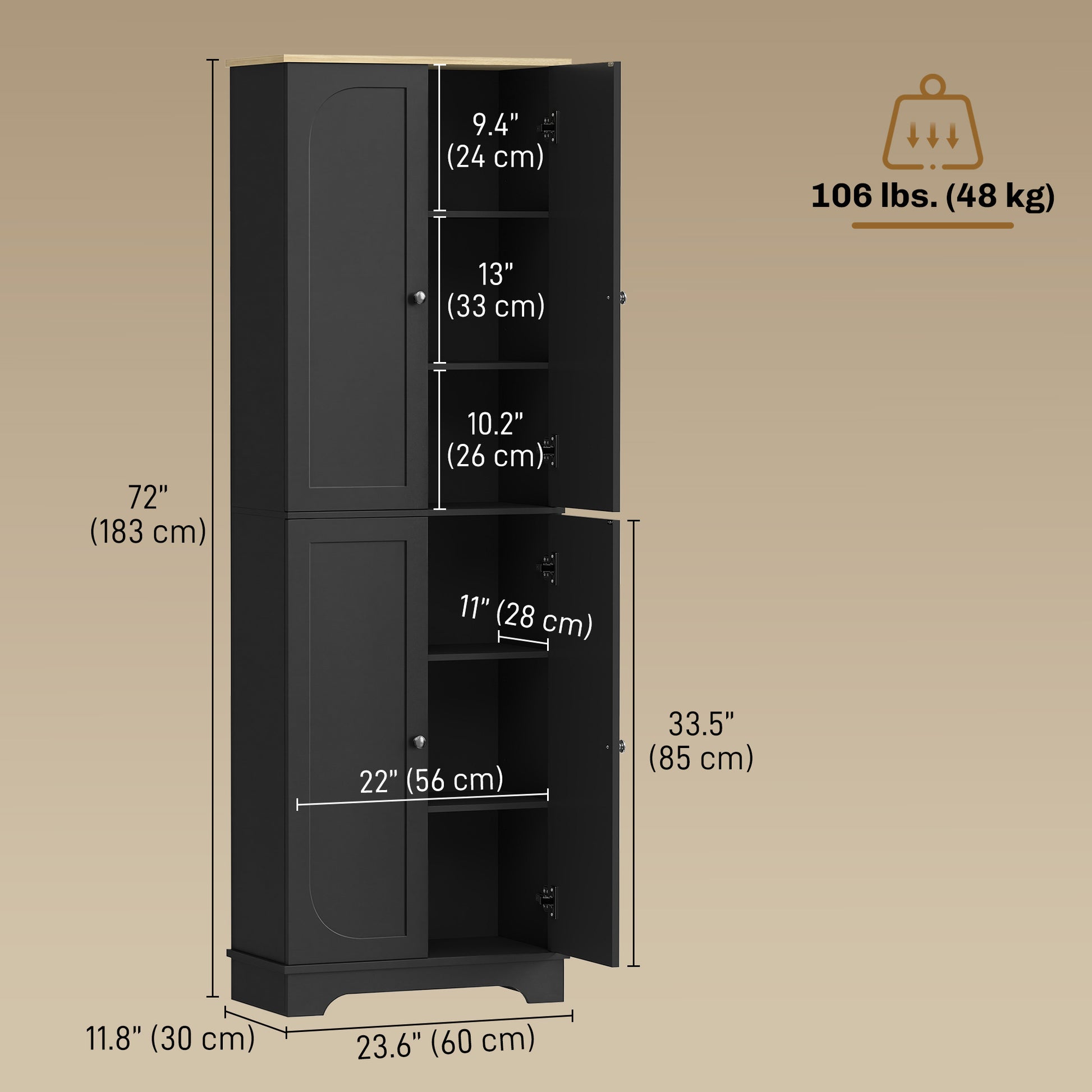 72" Pantry Cabinet with Adjustable Shelves - Black-DECOROLALA