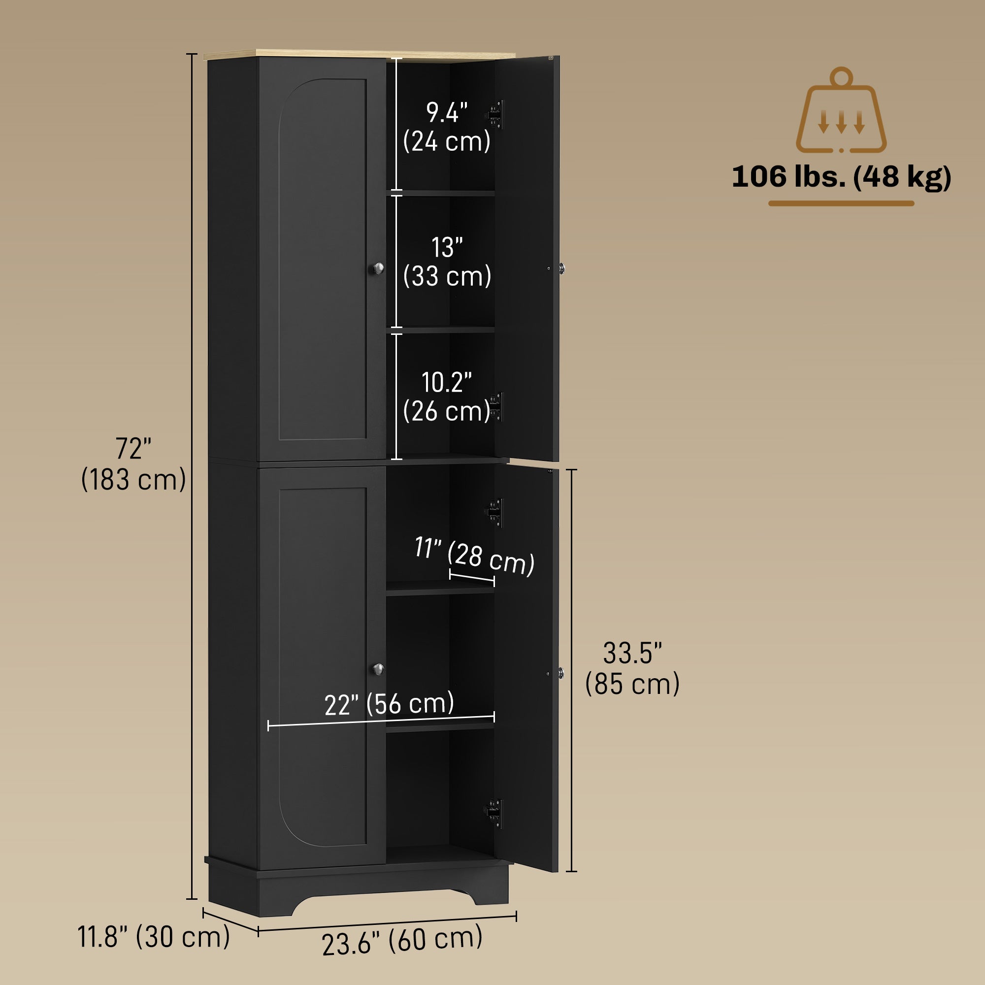 72" Pantry Cabinet with Adjustable Shelves - Black-DECOROLALA
