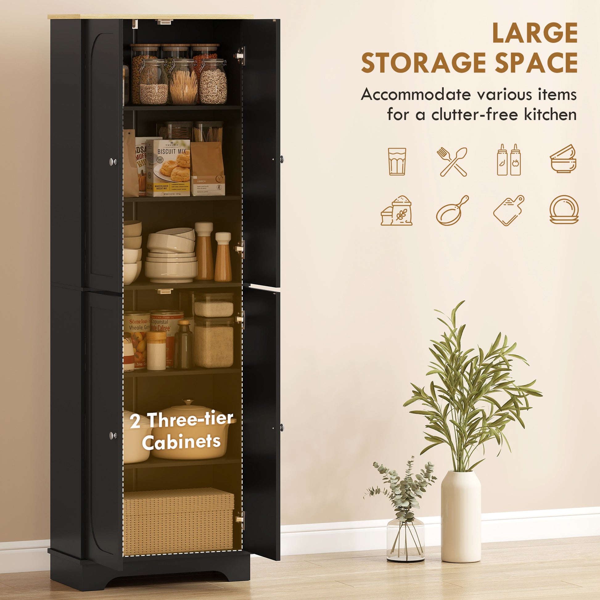 72" Pantry Cabinet with Adjustable Shelves - Black-DECOROLALA