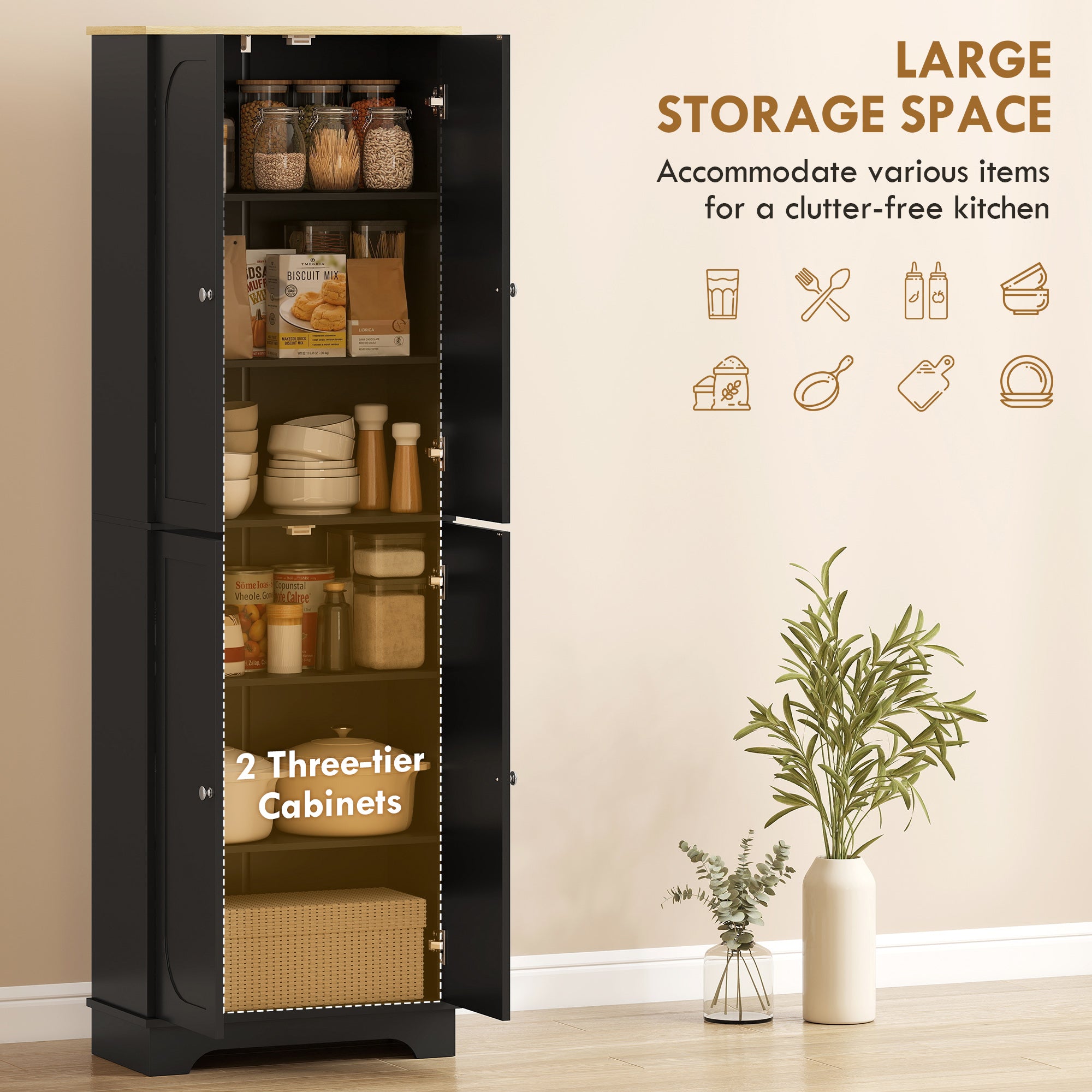 72" Pantry Cabinet with Adjustable Shelves - Black-DECOROLALA