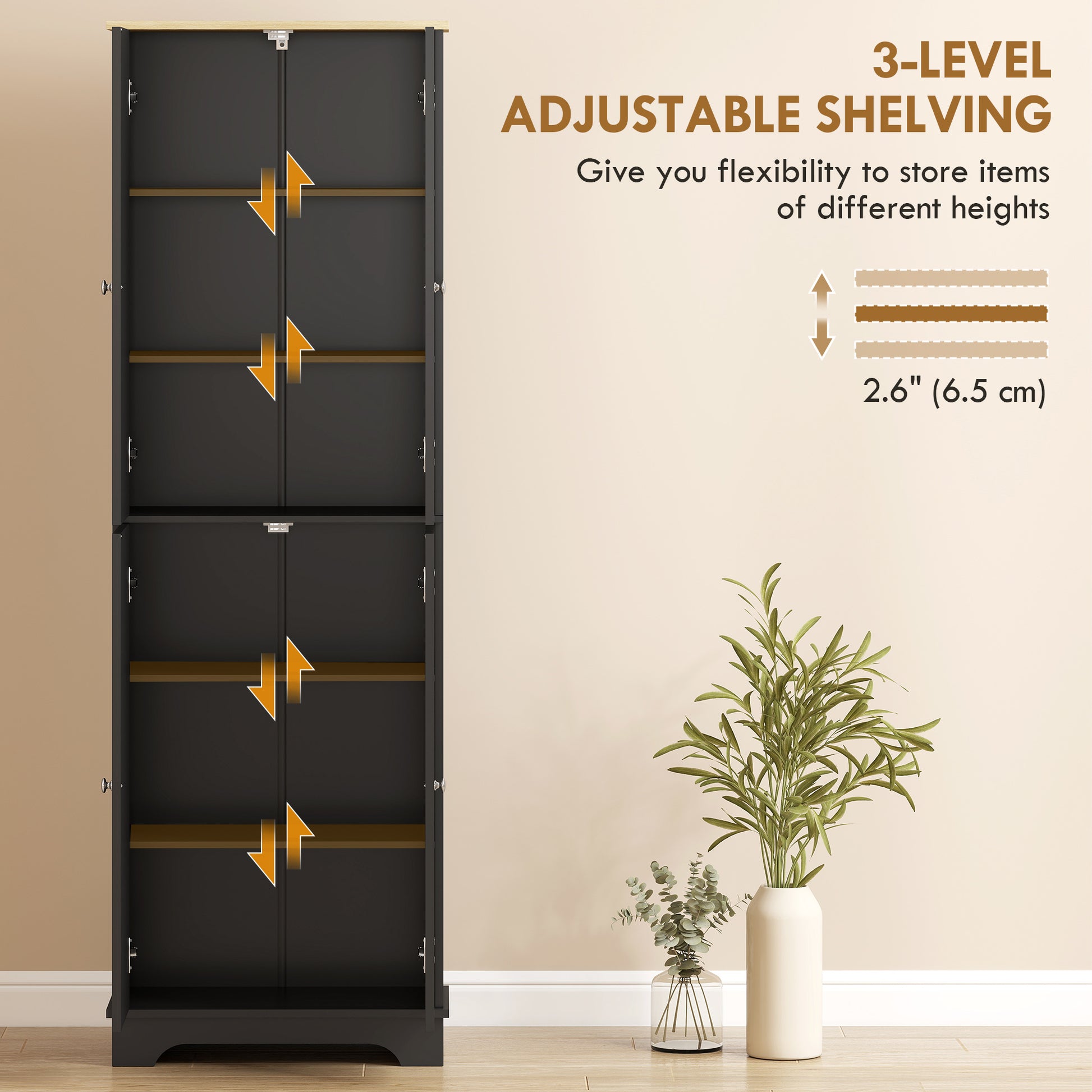 72" Pantry Cabinet with Adjustable Shelves - Black-DECOROLALA