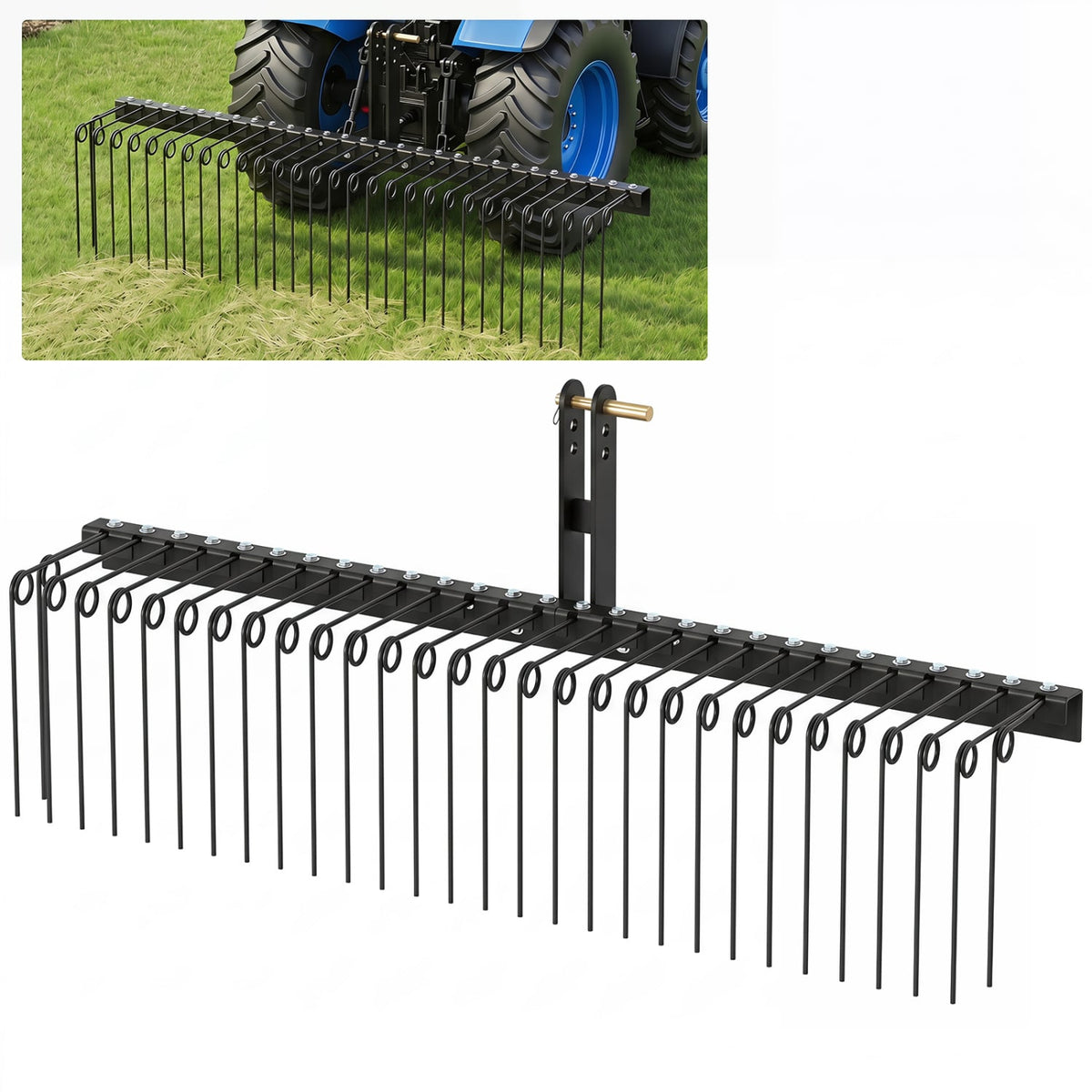 72" Pine Straw Rake with 30 Metal Coil Tines for Grass-Black-Lawn Care Tools-DECOROLALA