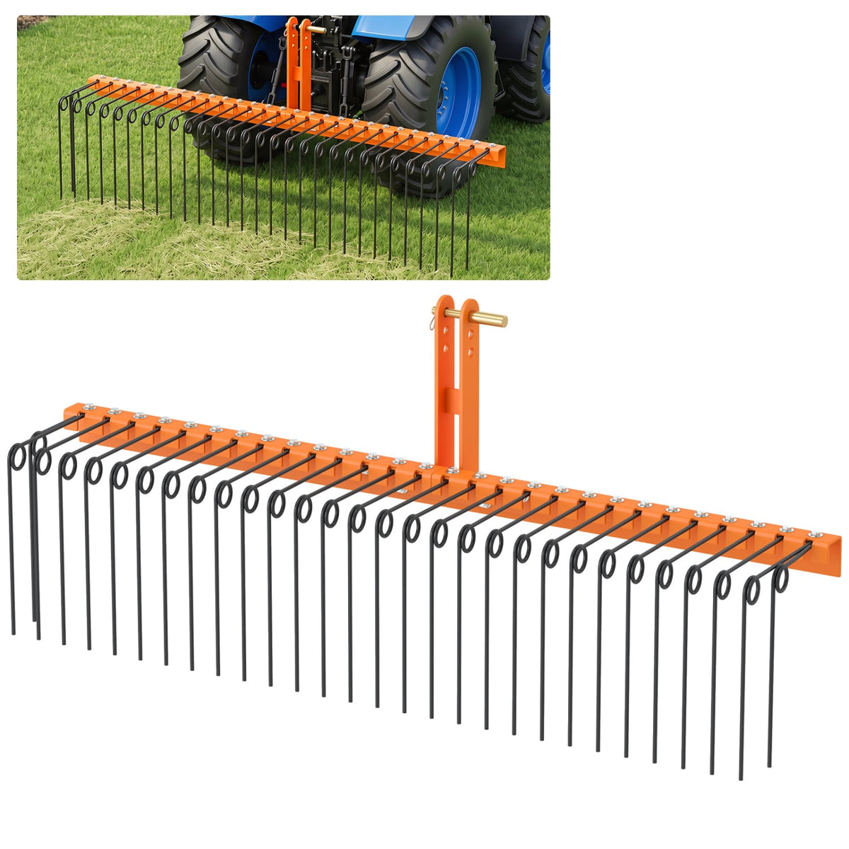 72" Pine Straw Rake with 30 Metal Coil Tines for Grass-Orange-Lawn Care Tools-DECOROLALA