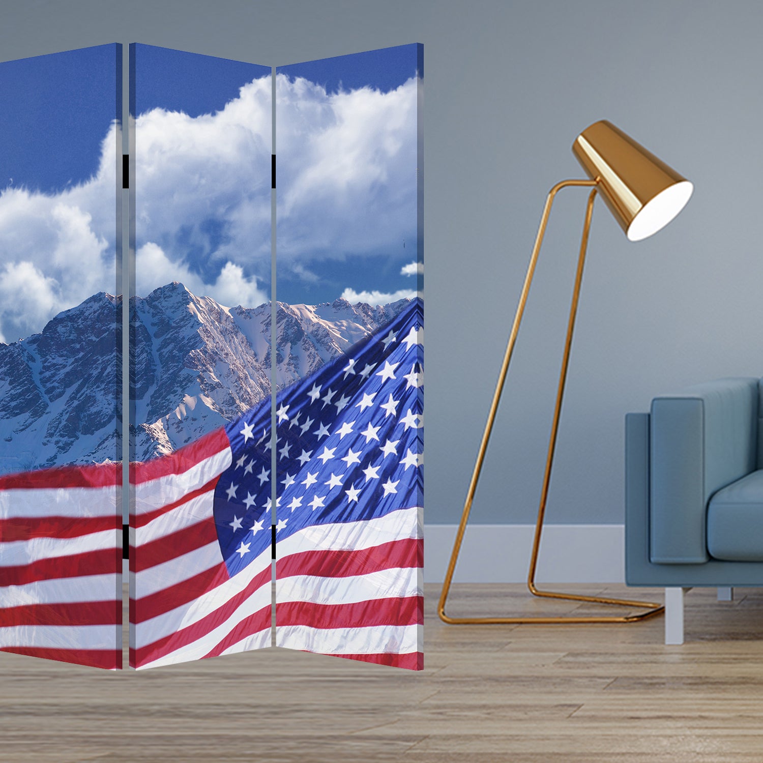 72" Red White And Blue American Flag Reversible Canvas Folding Three Panel Room Divider-Room Dividers-DECOROLALA