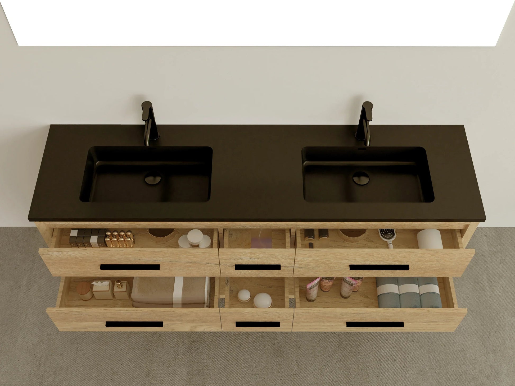 72" Rough Oak Freestanding Double Sink Bathroom Vanity with Black Engineered Quartz Countertop-Migration_Bathroom Vanities-DECOROLALA