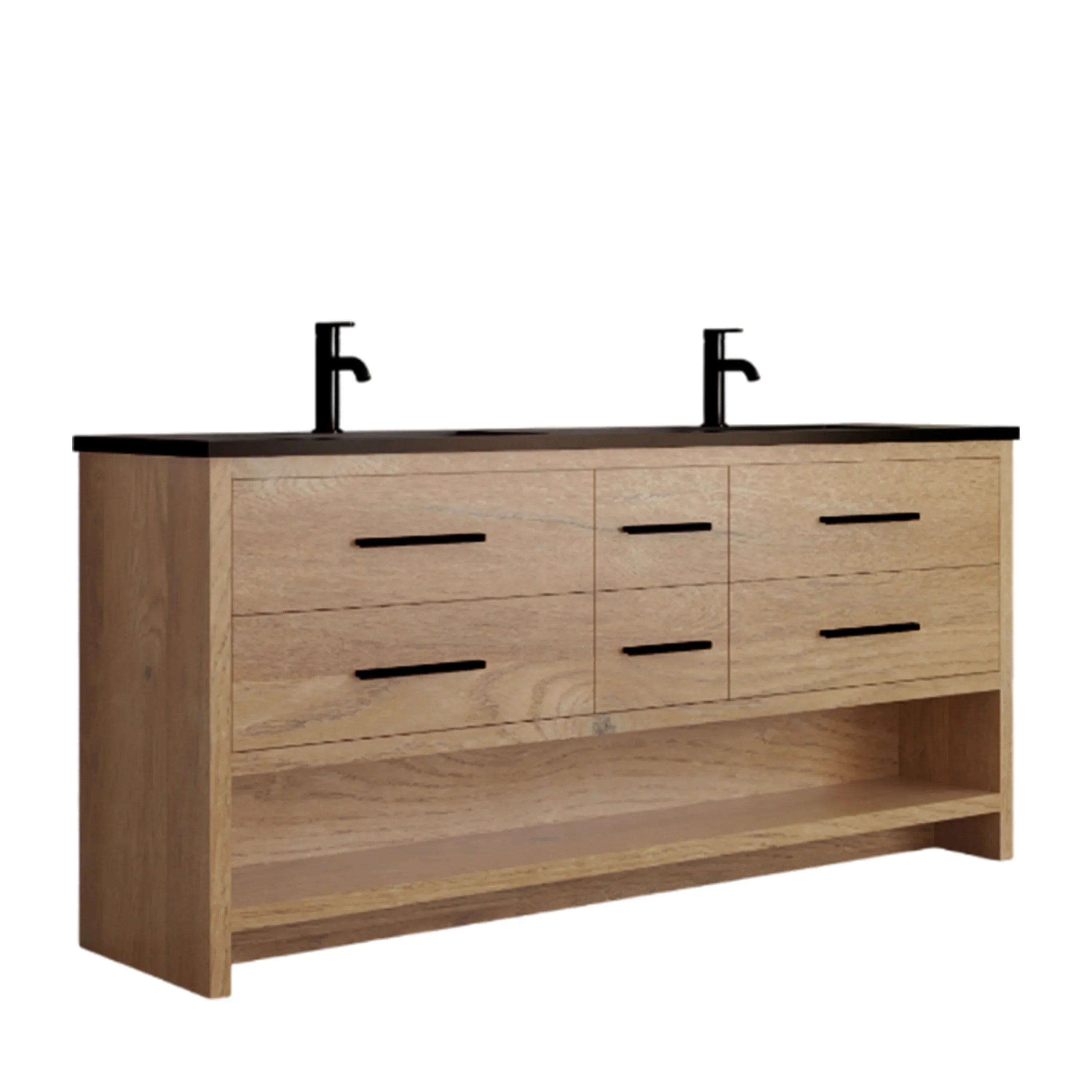 72" Rough Oak Freestanding Double Sink Bathroom Vanity with Black Engineered Quartz Countertop-Migration_Bathroom Vanities-DECOROLALA