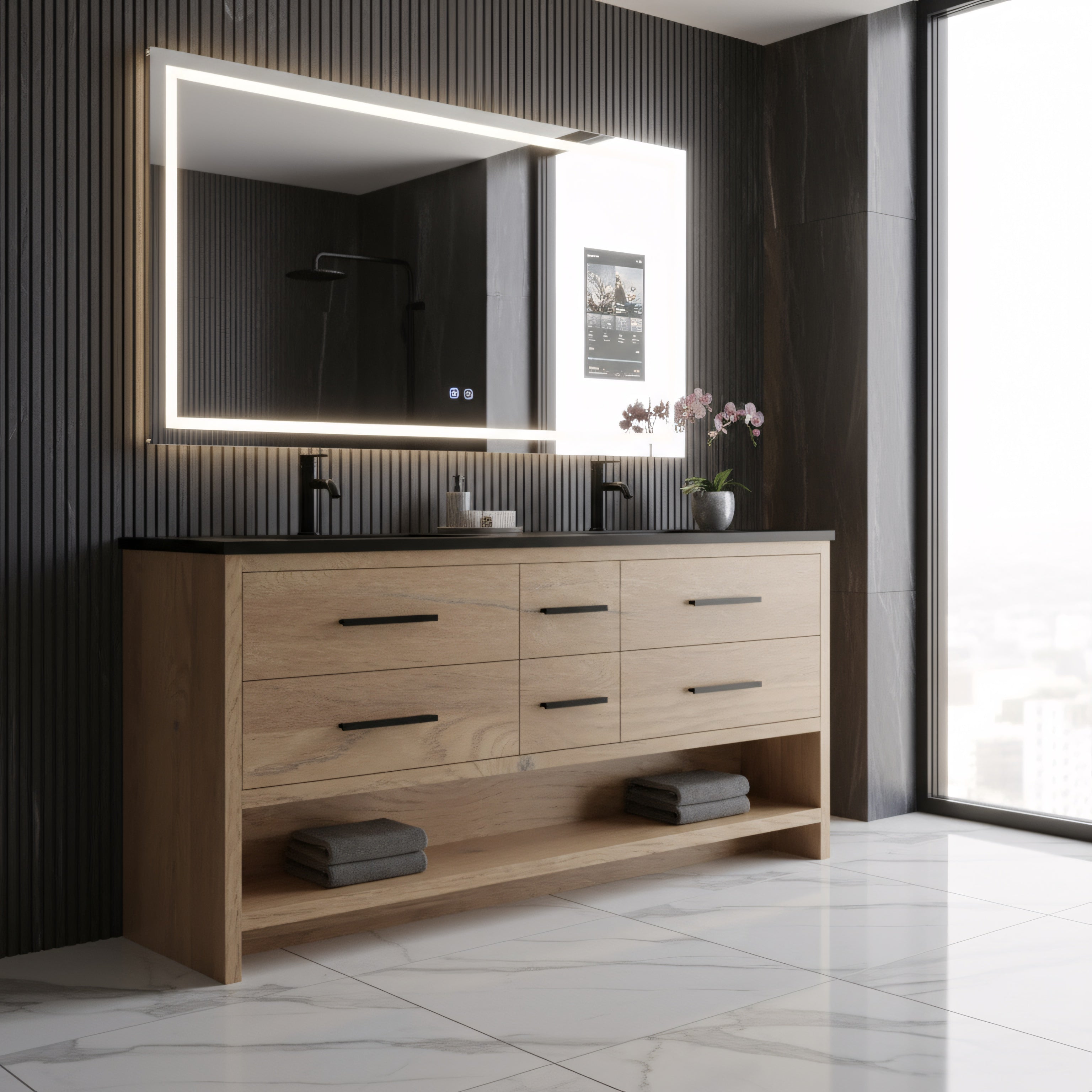 72" Rough Oak Freestanding Double Sink Bathroom Vanity with Black Engineered Quartz Countertop-Migration_Bathroom Vanities-DECOROLALA