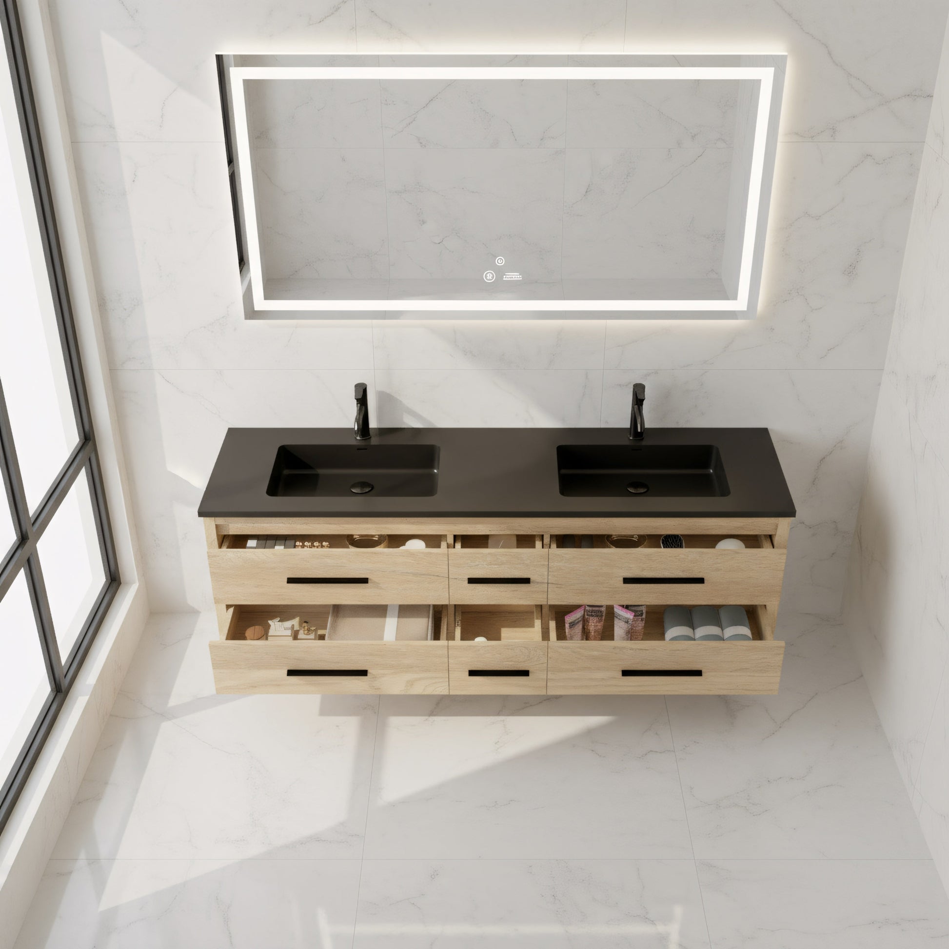 72" Rough Oak Freestanding Double Sink Bathroom Vanity with Black Engineered Quartz Countertop-Migration_Bathroom Vanities-DECOROLALA