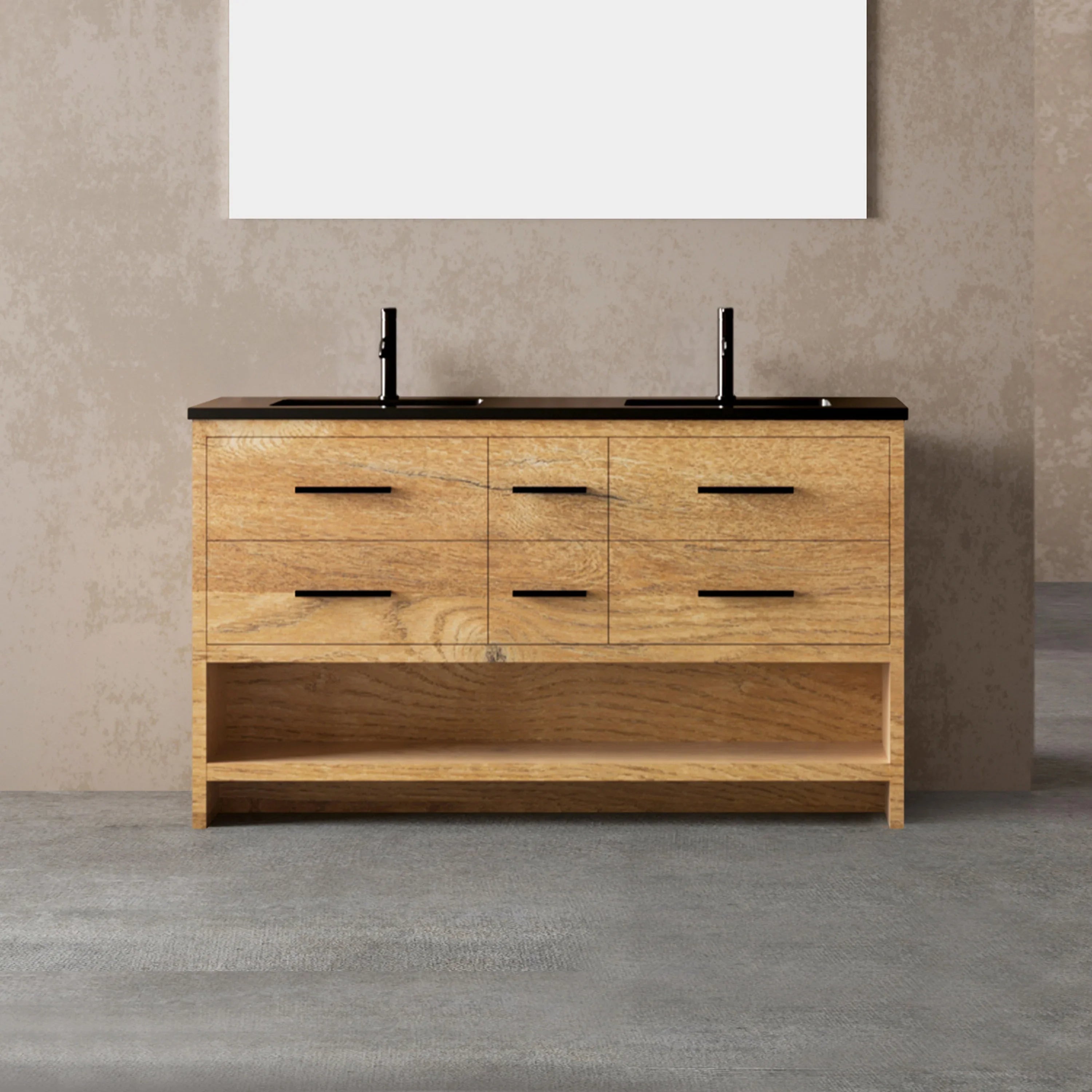 72" Rough Oak Freestanding Double Sink Bathroom Vanity with Black Engineered Quartz Countertop-Migration_Bathroom Vanities-DECOROLALA