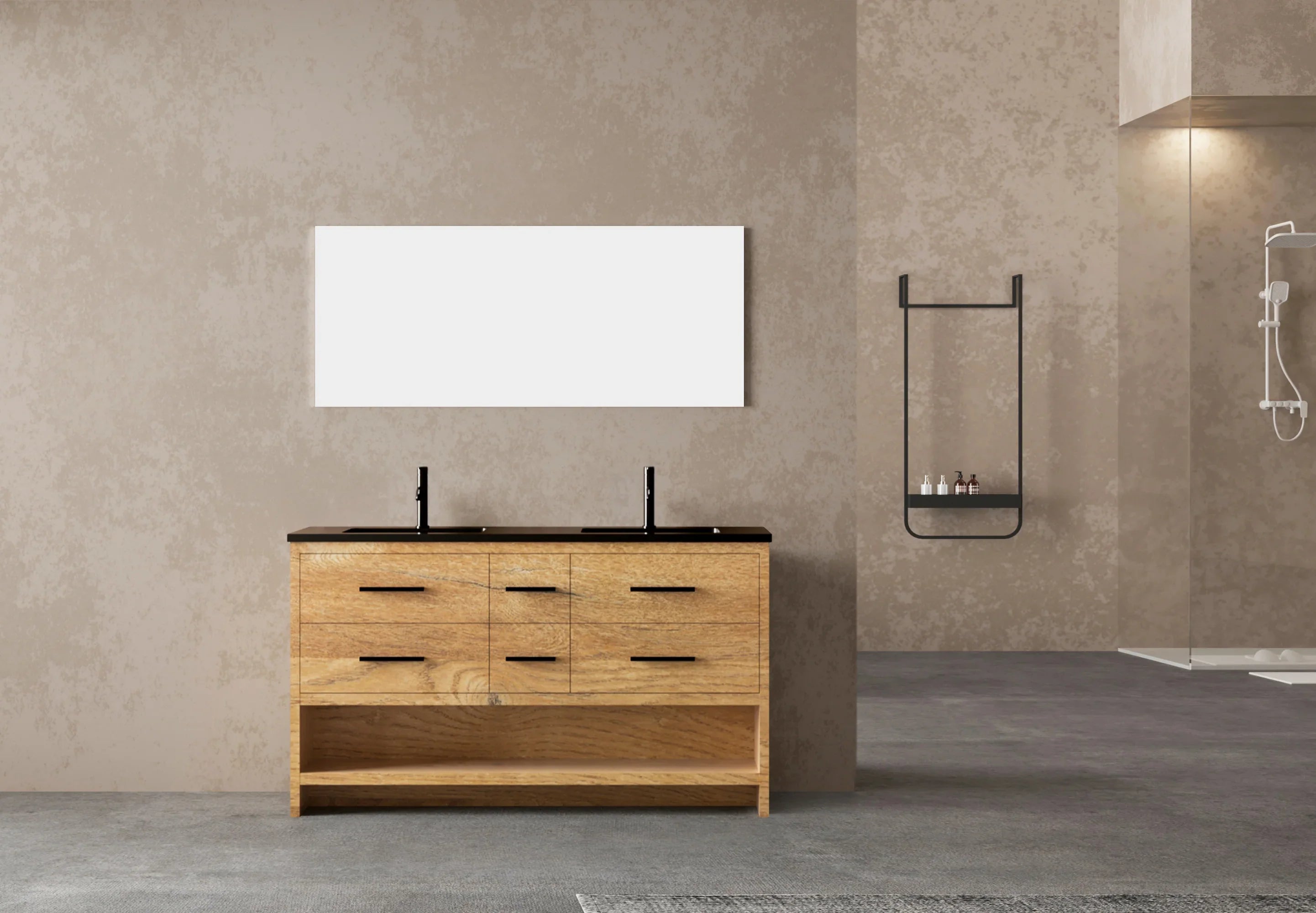 72" Rough Oak Freestanding Double Sink Bathroom Vanity with Black Engineered Quartz Countertop-Migration_Bathroom Vanities-DECOROLALA