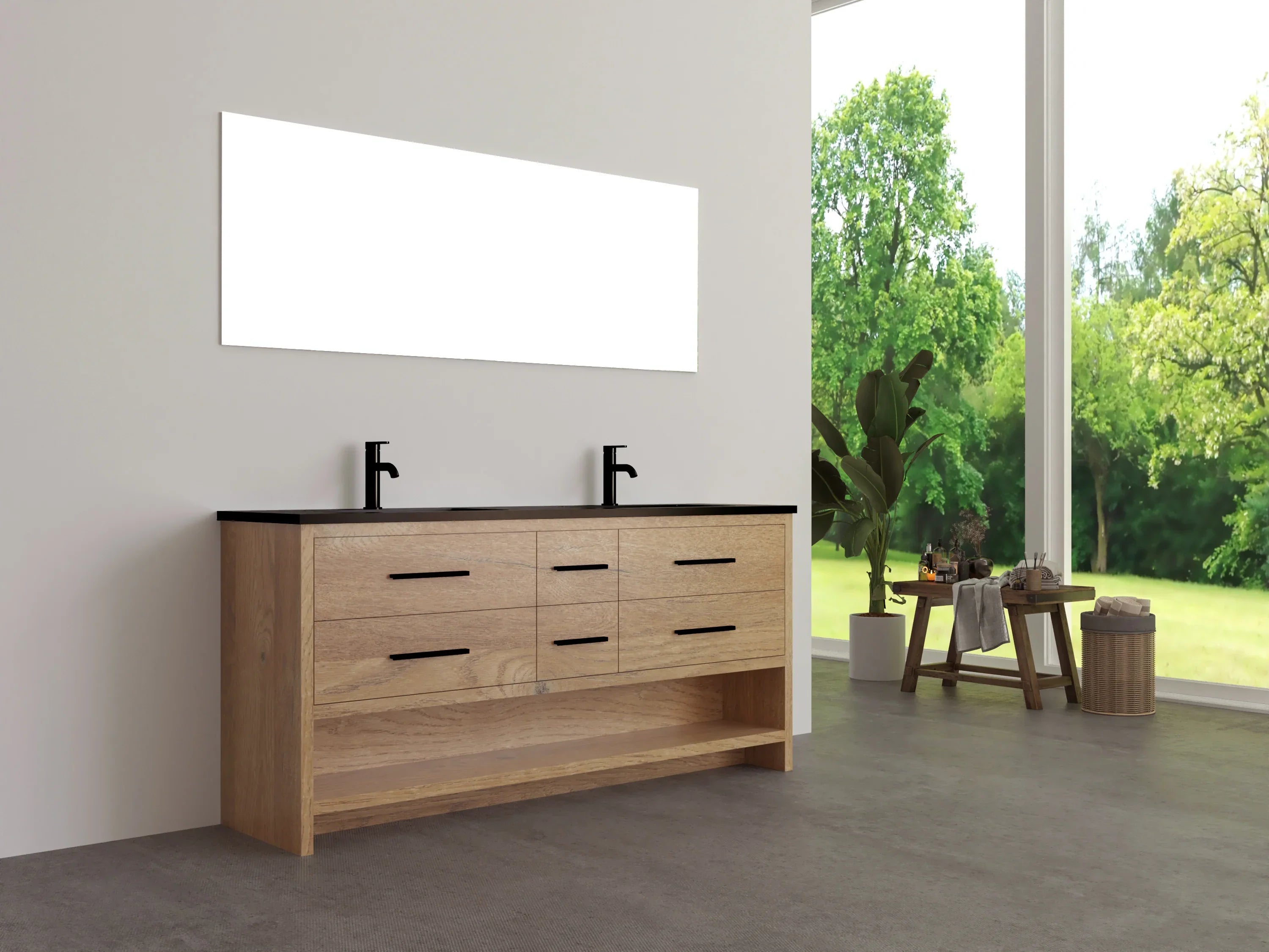 72" Rough Oak Freestanding Double Sink Bathroom Vanity with Black Engineered Quartz Countertop-Migration_Bathroom Vanities-DECOROLALA