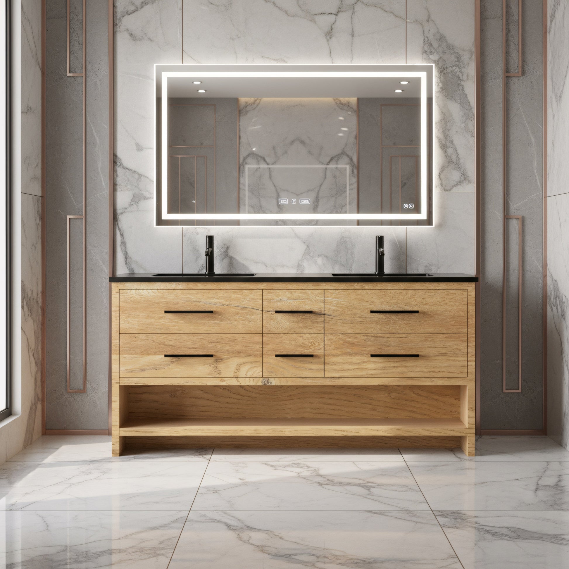 72" Rough Oak Freestanding Double Sink Bathroom Vanity with Black Engineered Quartz Countertop-Migration_Bathroom Vanities-DECOROLALA
