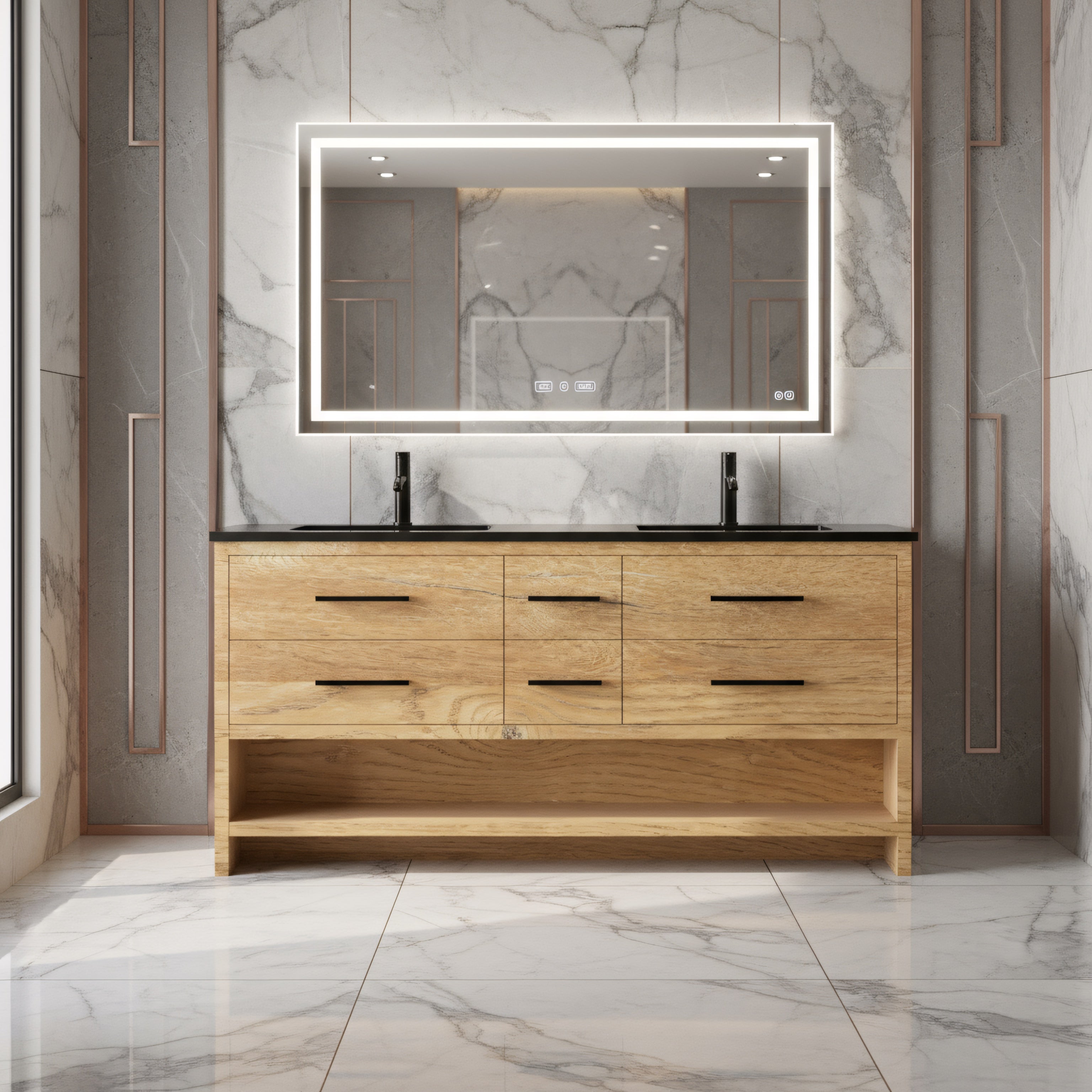 72" Rough Oak Freestanding Double Sink Bathroom Vanity with Black Engineered Quartz Countertop-Migration_Bathroom Vanities-DECOROLALA