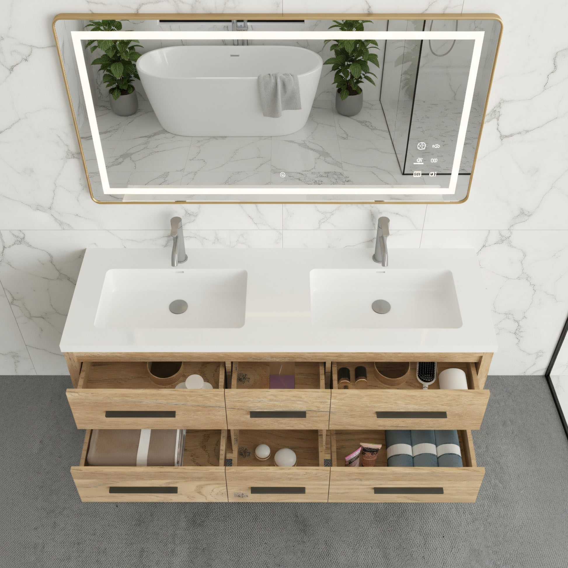 72" Rough Oak Freestanding Double Sink Bathroom Vanity with White Polymarble Countertop-Migration_Bathroom Vanities-DECOROLALA
