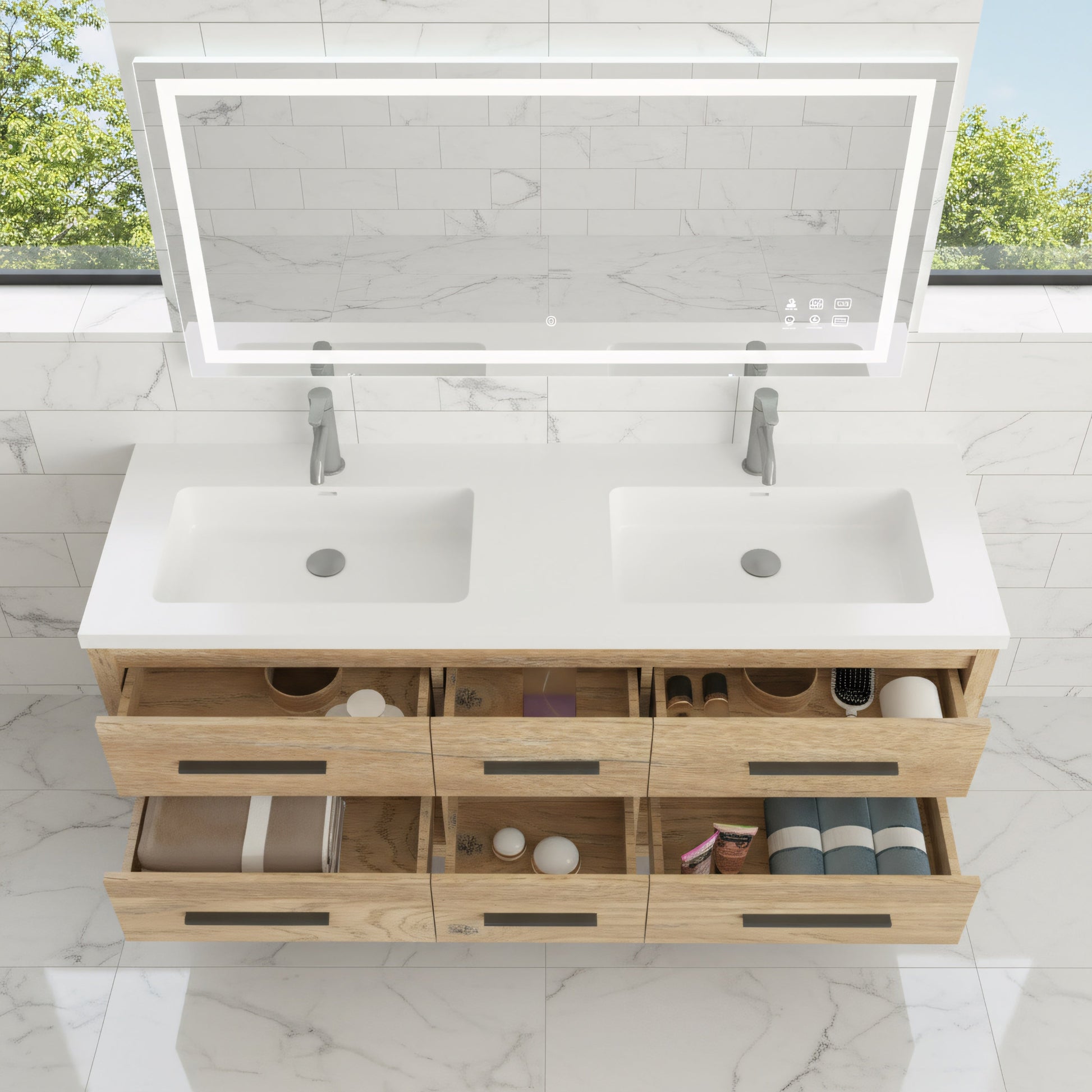 72" Rough Oak Freestanding Double Sink Bathroom Vanity with White Polymarble Countertop-Migration_Bathroom Vanities-DECOROLALA