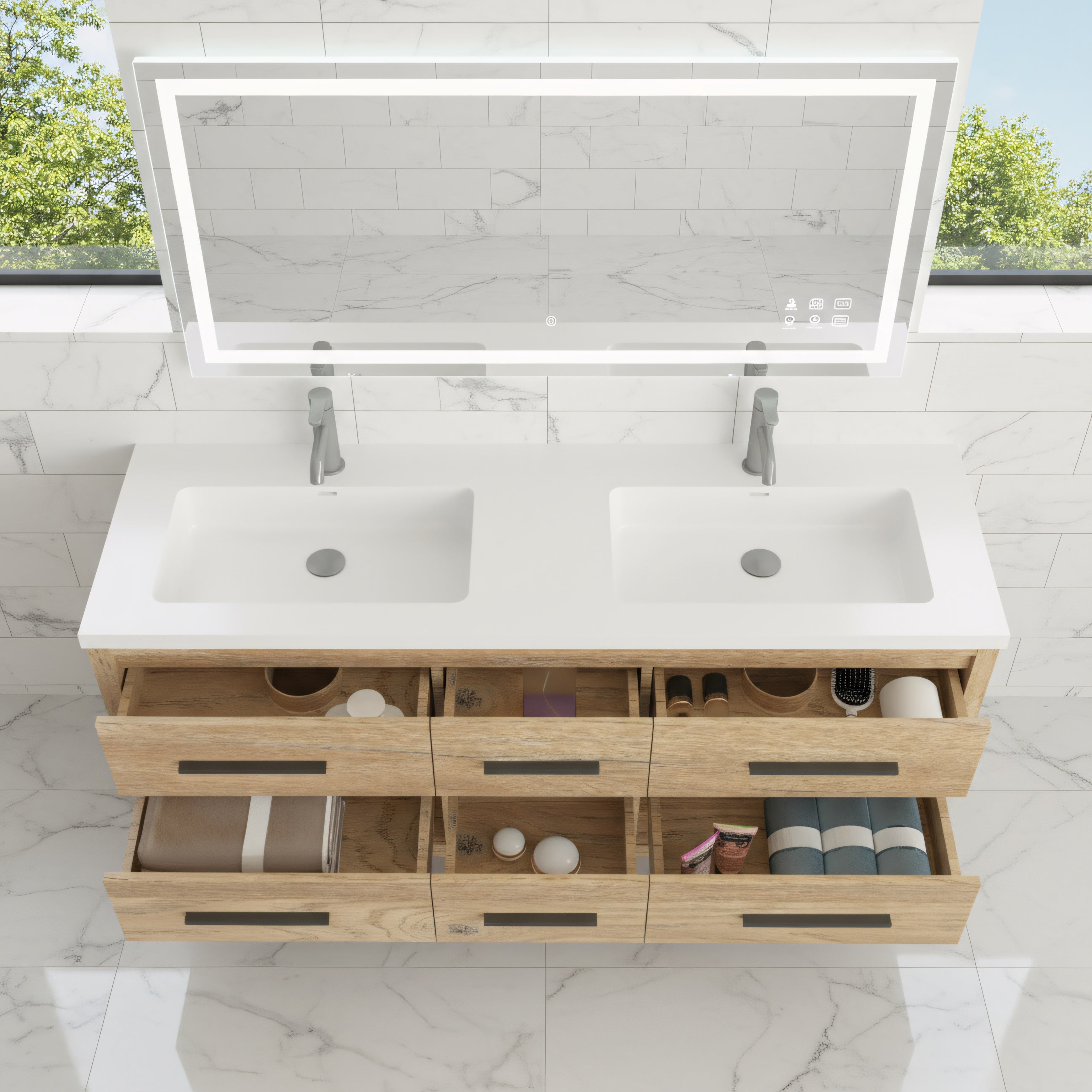 72" Rough Oak Freestanding Double Sink Bathroom Vanity with White Polymarble Countertop-Migration_Bathroom Vanities-DECOROLALA