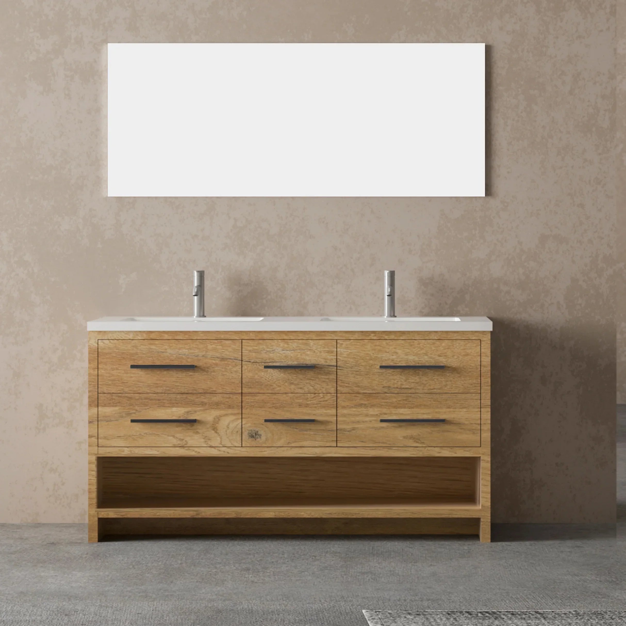 72" Rough Oak Freestanding Double Sink Bathroom Vanity with White Polymarble Countertop-Migration_Bathroom Vanities-DECOROLALA