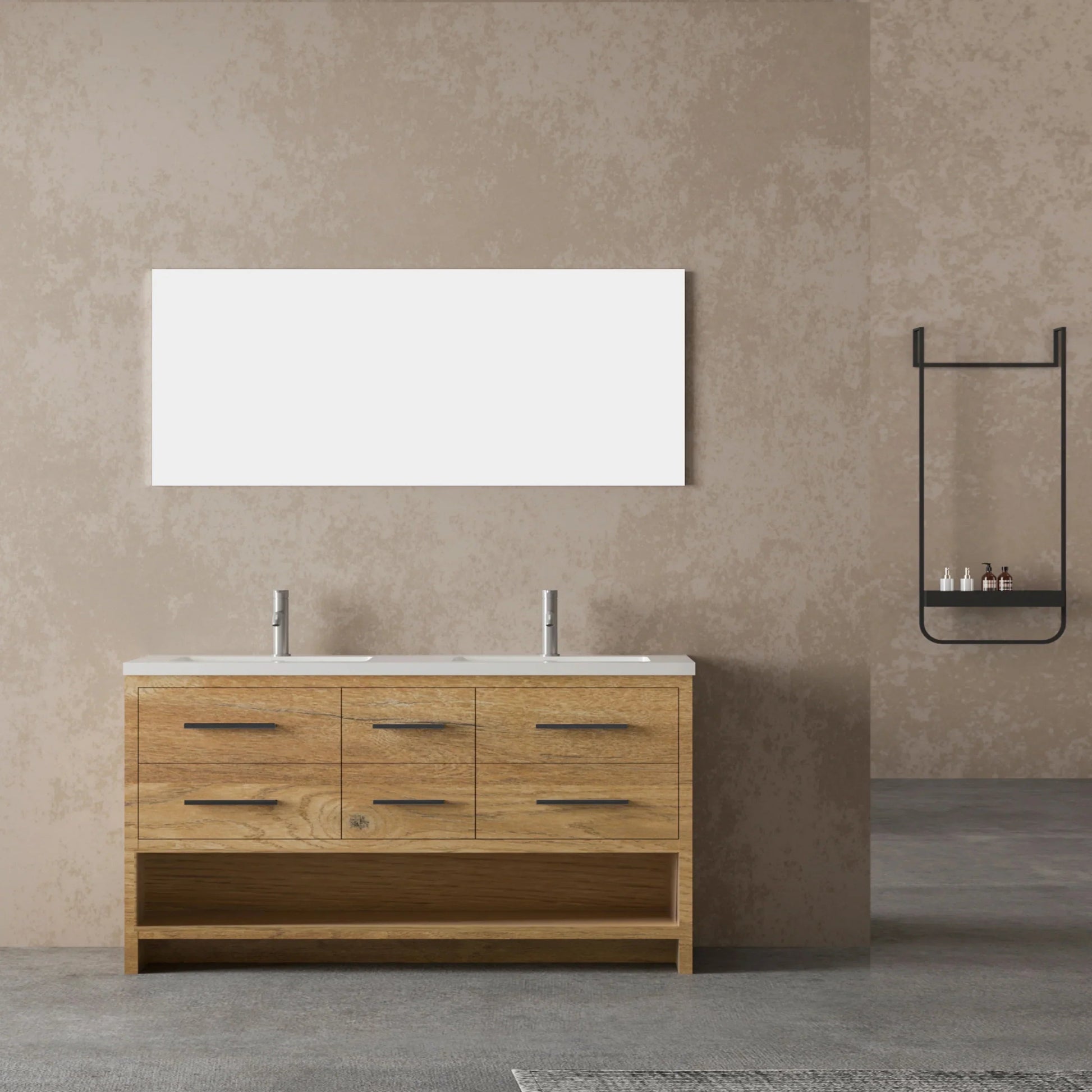 72" Rough Oak Freestanding Double Sink Bathroom Vanity with White Polymarble Countertop-Migration_Bathroom Vanities-DECOROLALA