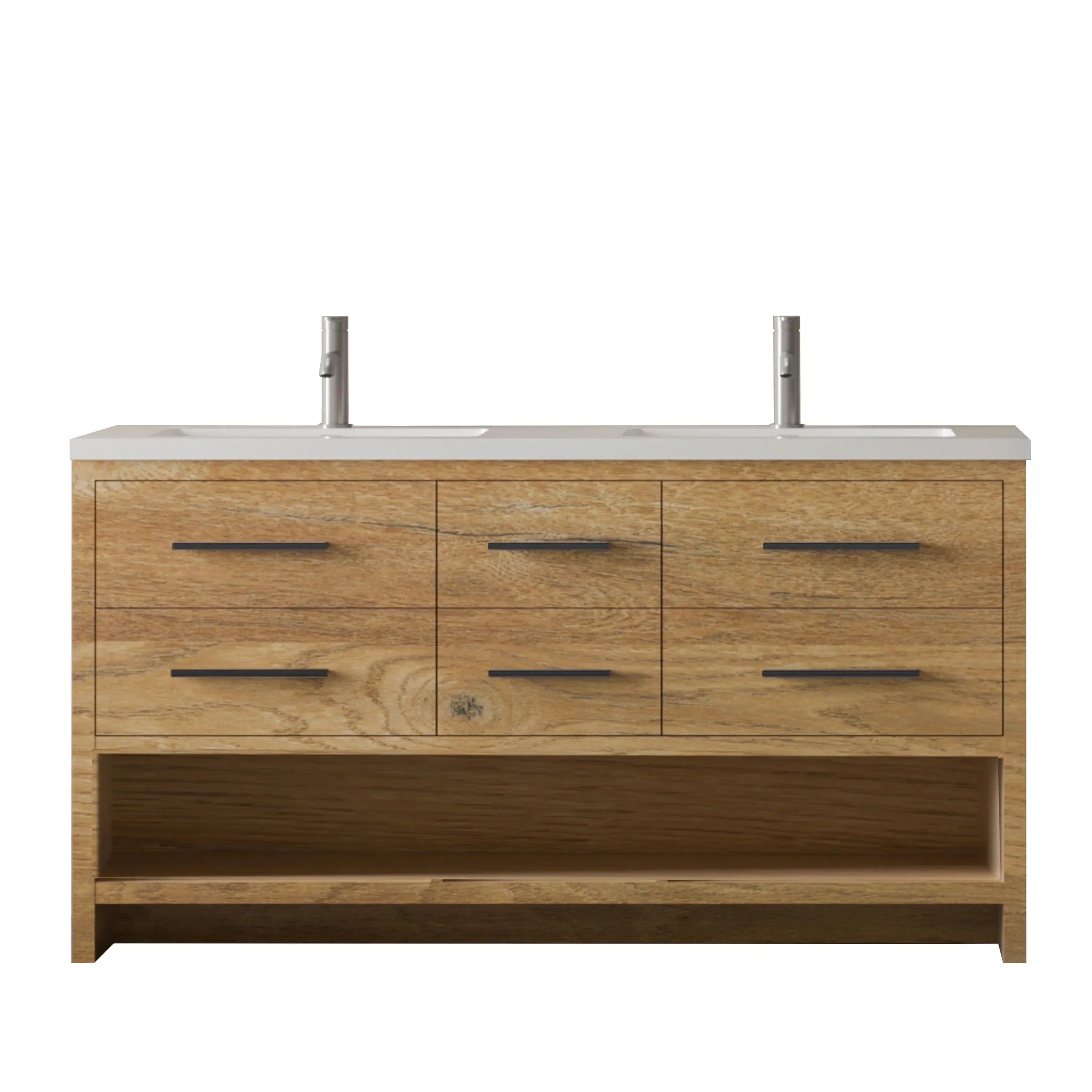 72" Rough Oak Freestanding Double Sink Bathroom Vanity with White Polymarble Countertop-Migration_Bathroom Vanities-DECOROLALA