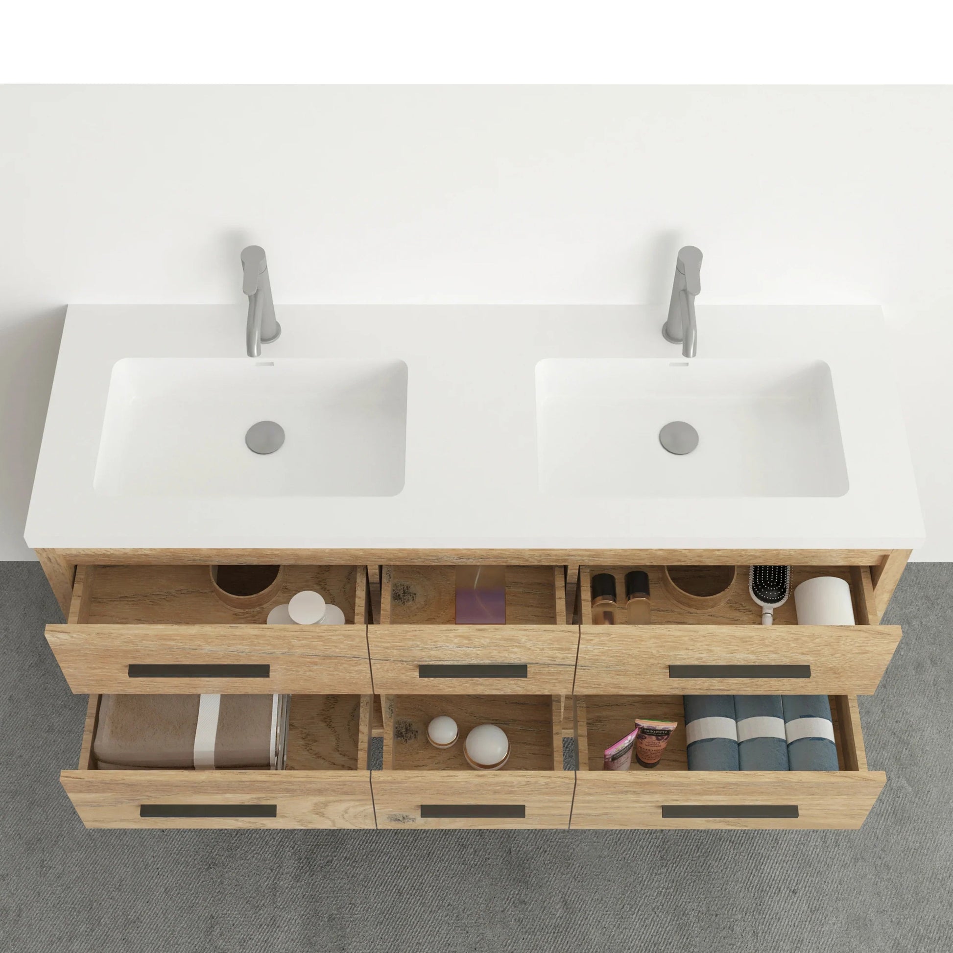 72" Rough Oak Freestanding Double Sink Bathroom Vanity with White Polymarble Countertop-Migration_Bathroom Vanities-DECOROLALA